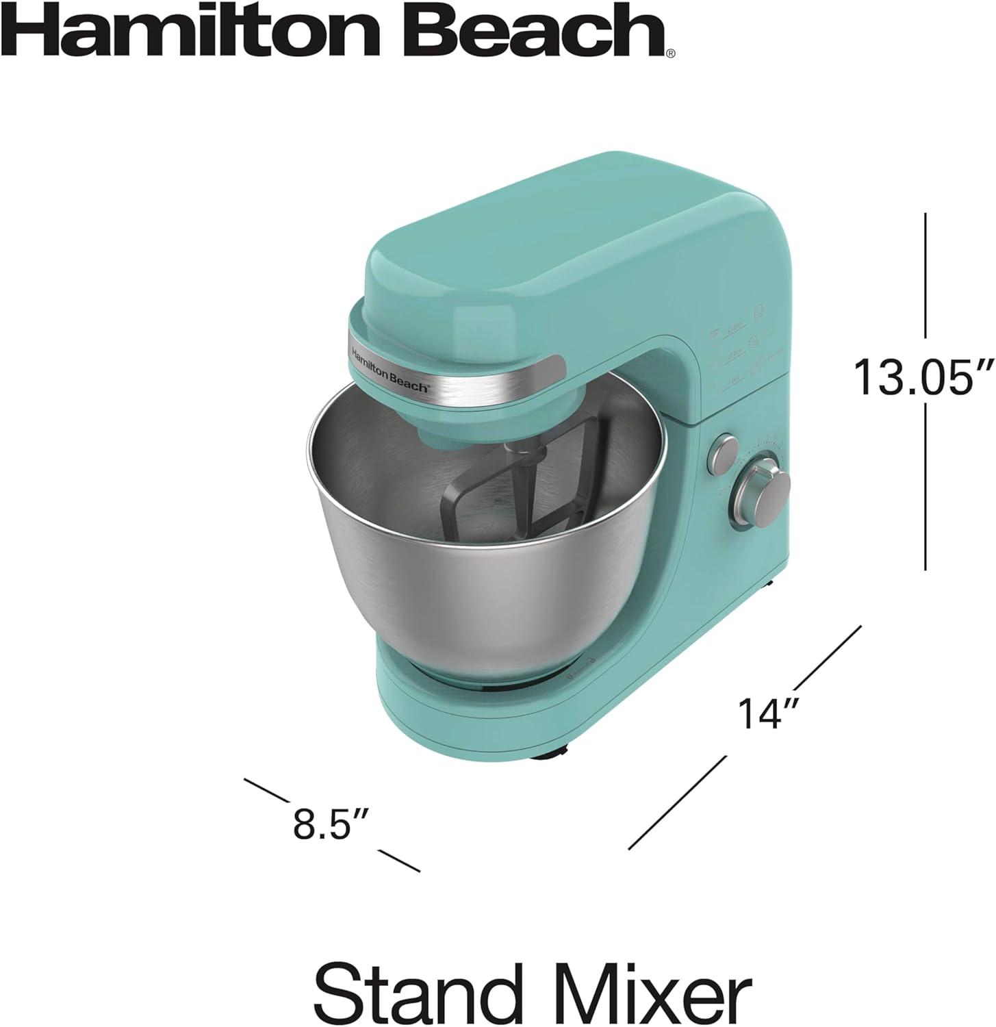imageHamilton Beach Electric Stand Mixer 4 Quarts Dough Hook Flat Beater Attachments Splash Guard 7 Speeds with Whisk WhiteAqua Blue