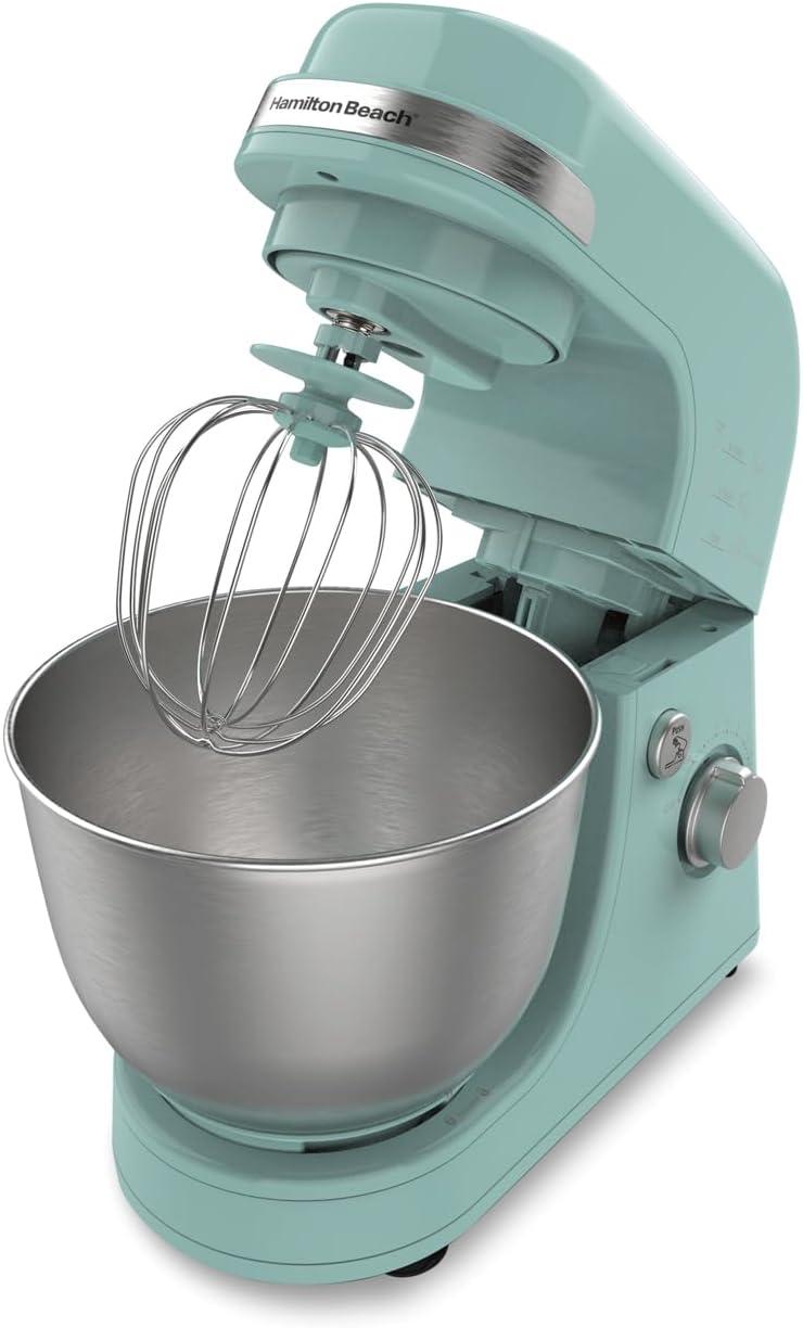 imageHamilton Beach Electric Stand Mixer 4 Quarts Dough Hook Flat Beater Attachments Splash Guard 7 Speeds with Whisk WhiteAqua Blue
