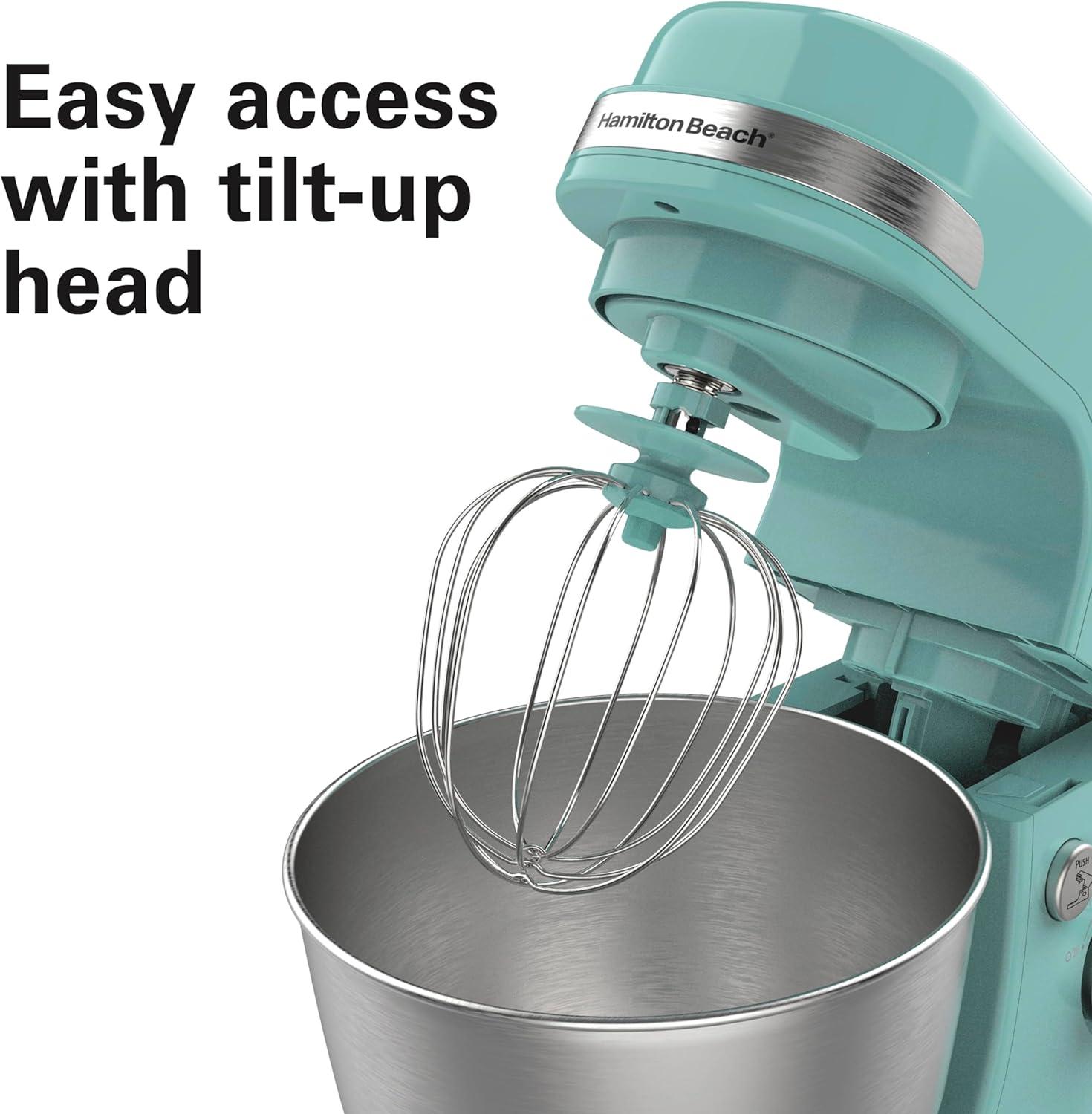 imageHamilton Beach Electric Stand Mixer 4 Quarts Dough Hook Flat Beater Attachments Splash Guard 7 Speeds with Whisk WhiteAqua Blue