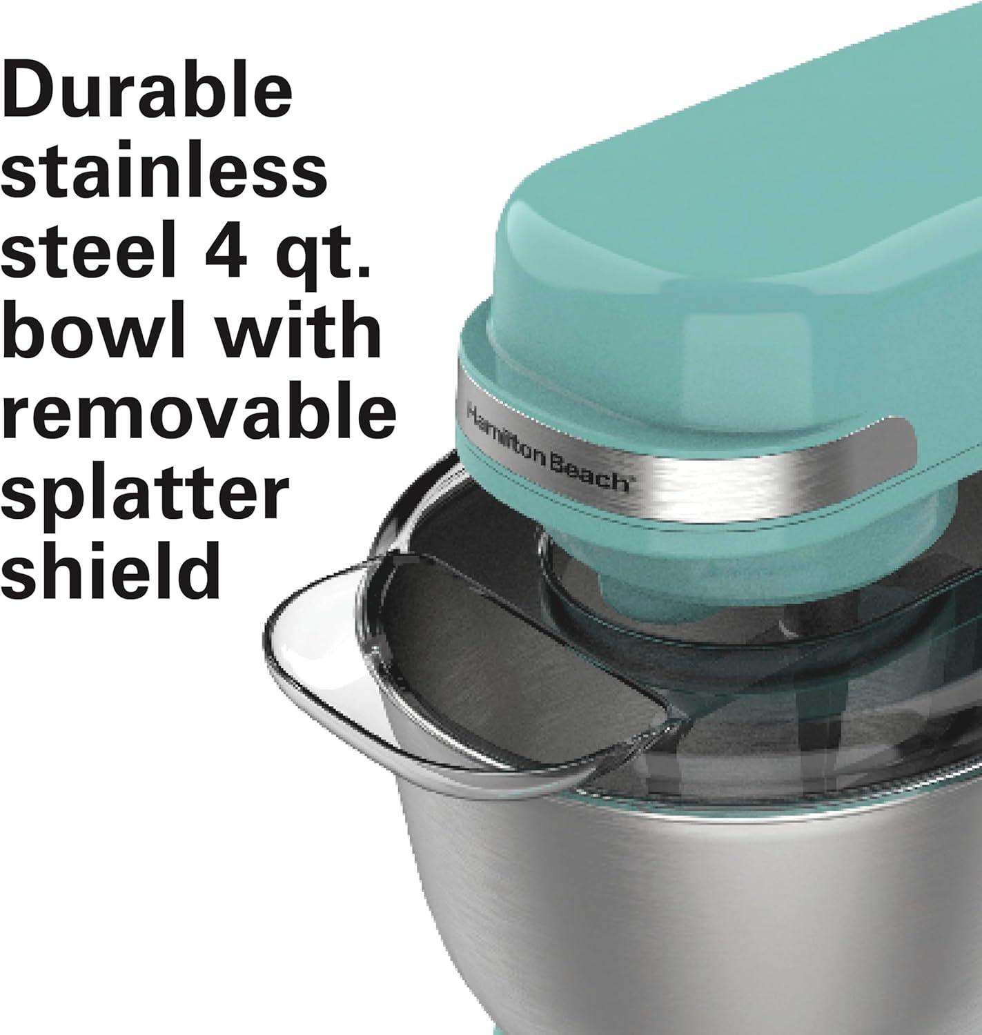 imageHamilton Beach Electric Stand Mixer 4 Quarts Dough Hook Flat Beater Attachments Splash Guard 7 Speeds with Whisk WhiteAqua Blue