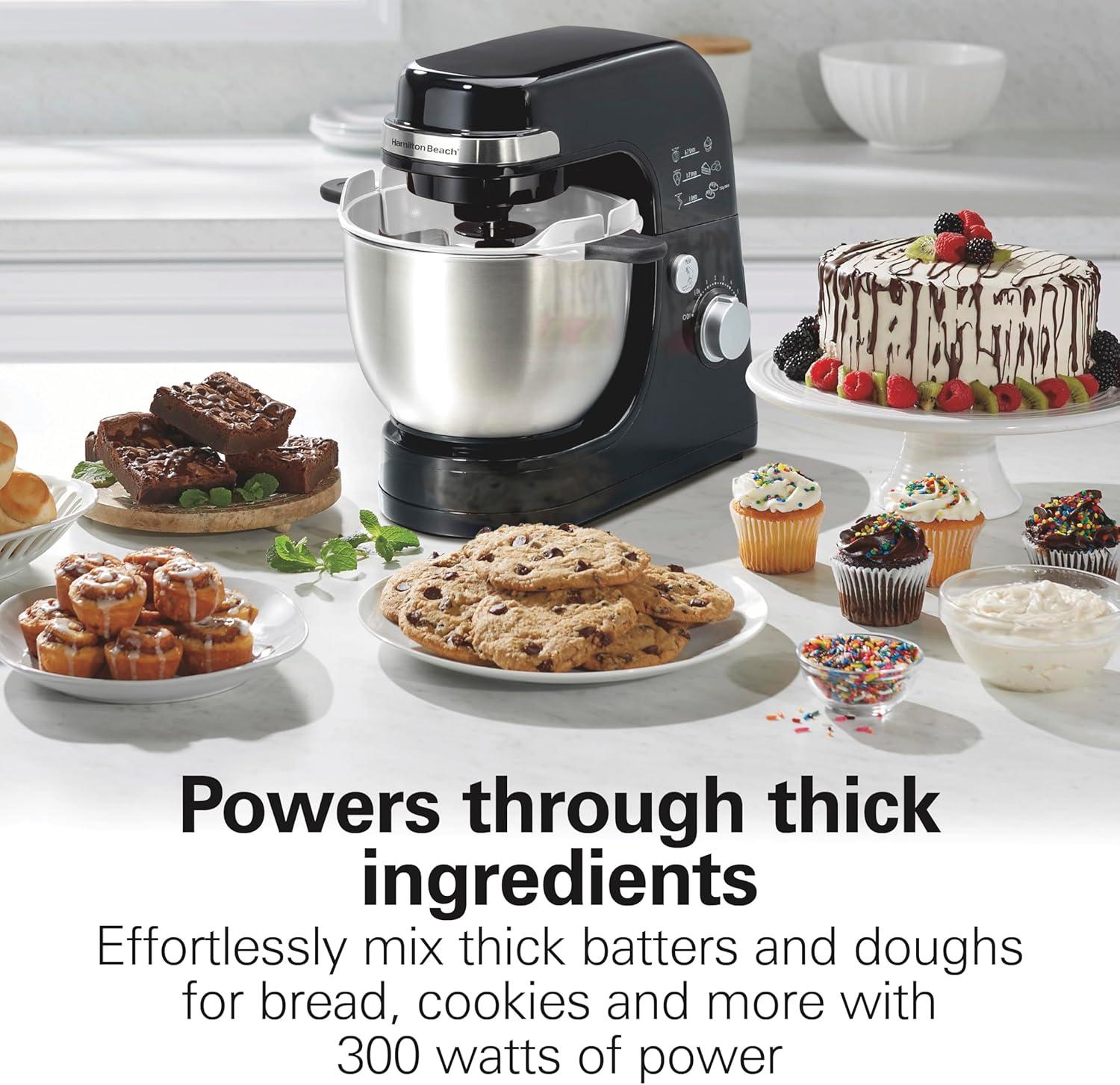 imageHamilton Beach Electric Stand Mixer 4 Quarts Dough Hook Flat Beater Attachments Splash Guard 7 Speeds with Whisk WhiteBlack