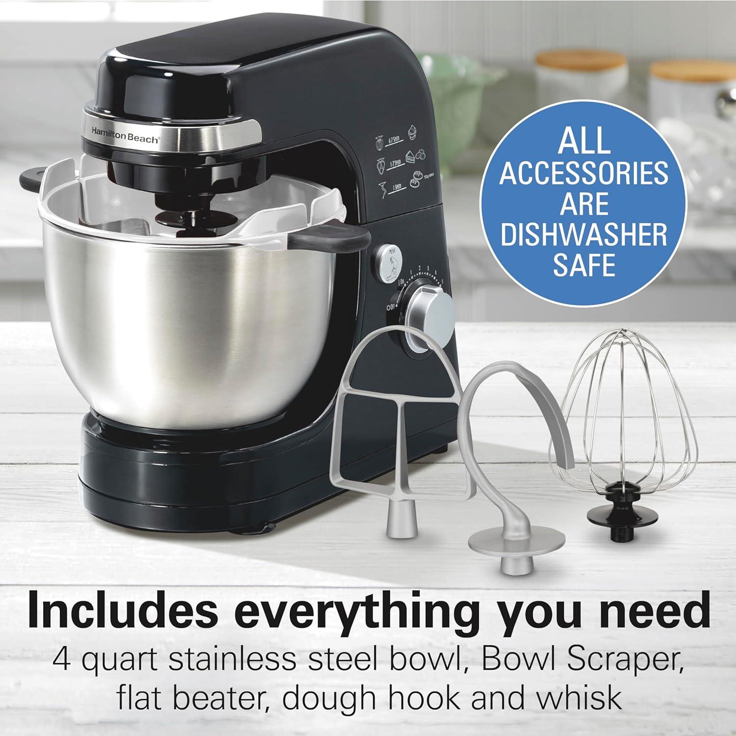 imageHamilton Beach Electric Stand Mixer 4 Quarts Dough Hook Flat Beater Attachments Splash Guard 7 Speeds with Whisk WhiteBlack