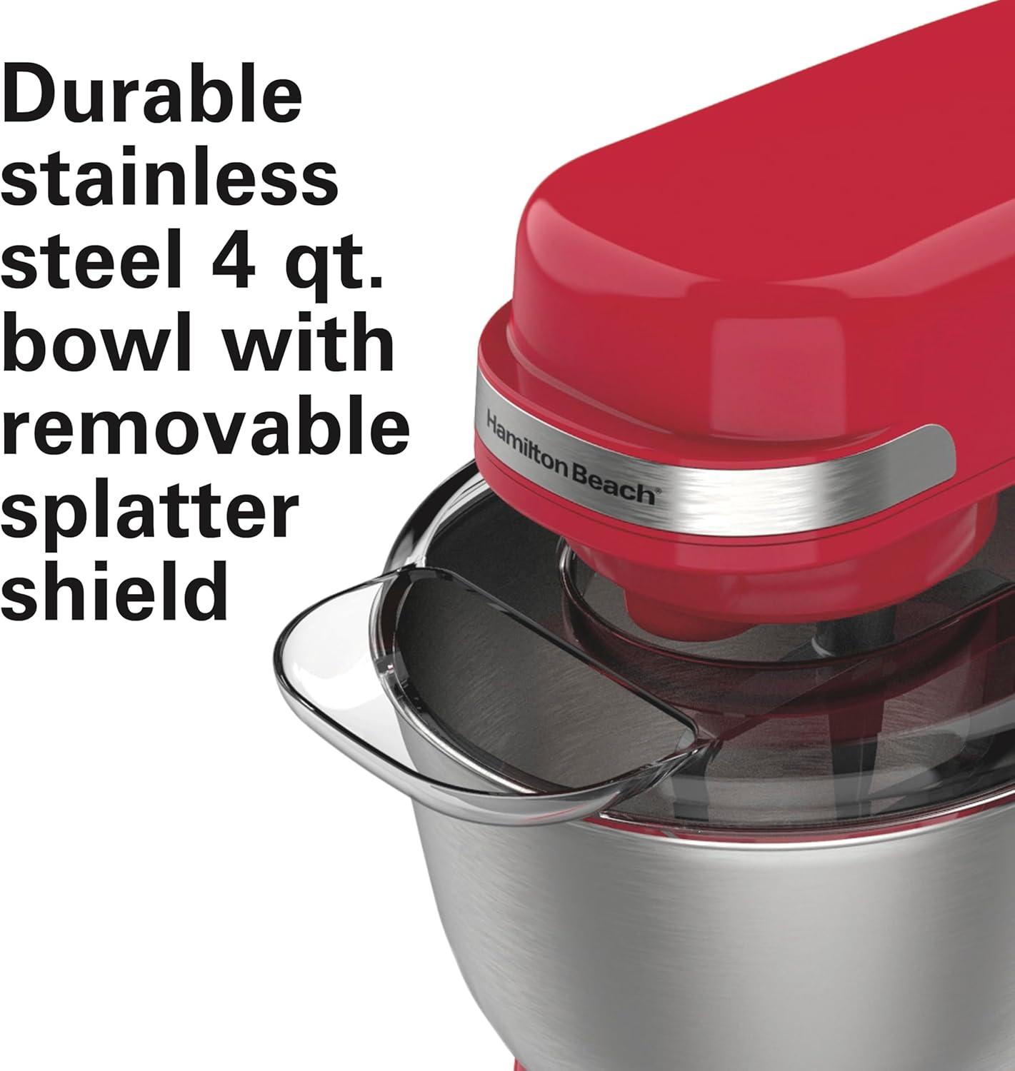 imageHamilton Beach Electric Stand Mixer 4 Quarts Dough Hook Flat Beater Attachments Splash Guard 7 Speeds with Whisk WhiteRed