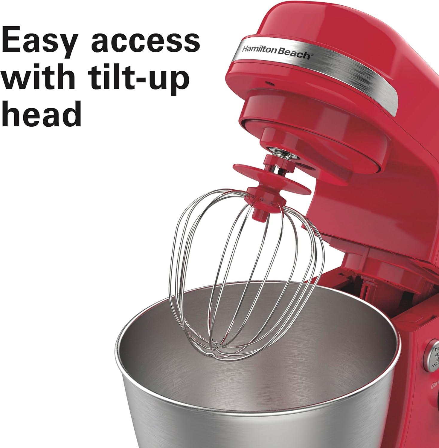 imageHamilton Beach Electric Stand Mixer 4 Quarts Dough Hook Flat Beater Attachments Splash Guard 7 Speeds with Whisk WhiteRed