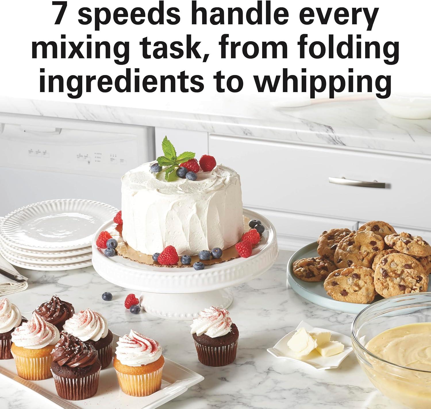 imageHamilton Beach Electric Stand Mixer 4 Quarts Dough Hook Flat Beater Attachments Splash Guard 7 Speeds with Whisk WhiteRose