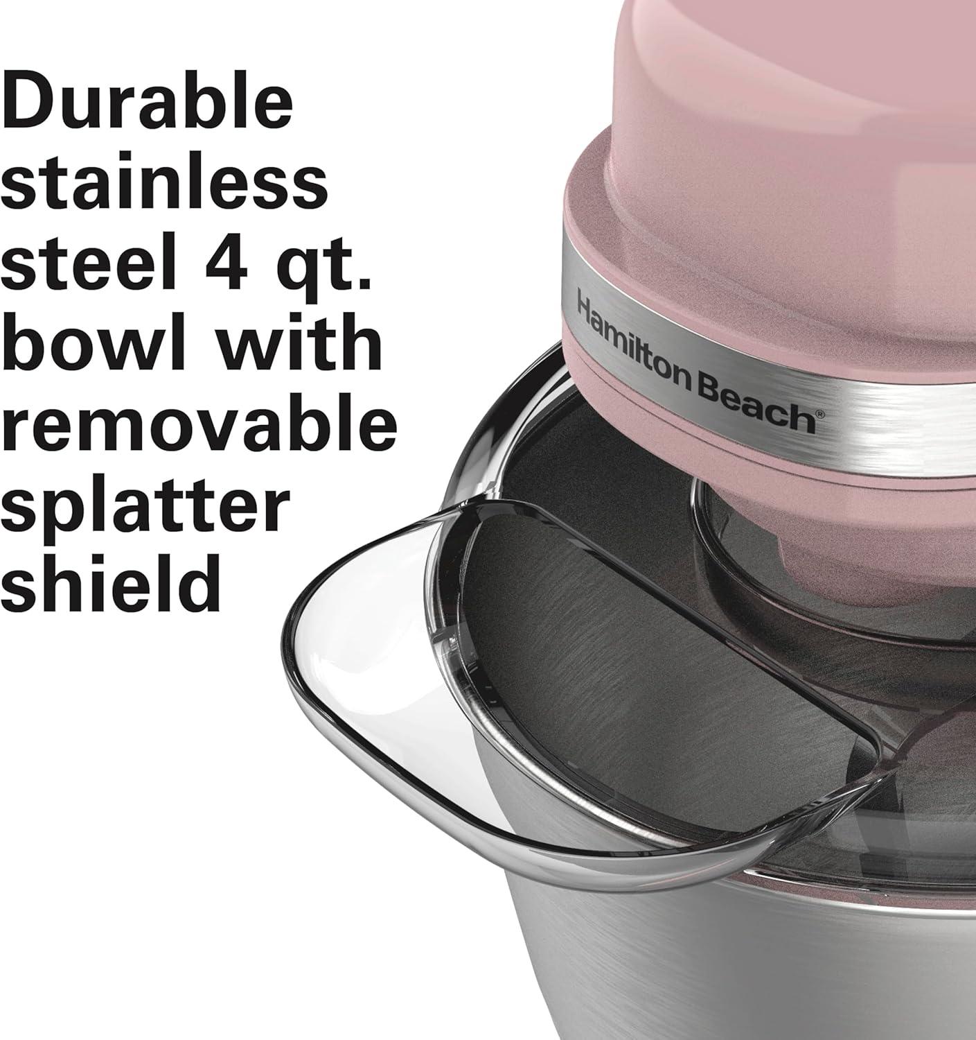 imageHamilton Beach Electric Stand Mixer 4 Quarts Dough Hook Flat Beater Attachments Splash Guard 7 Speeds with Whisk WhiteRose