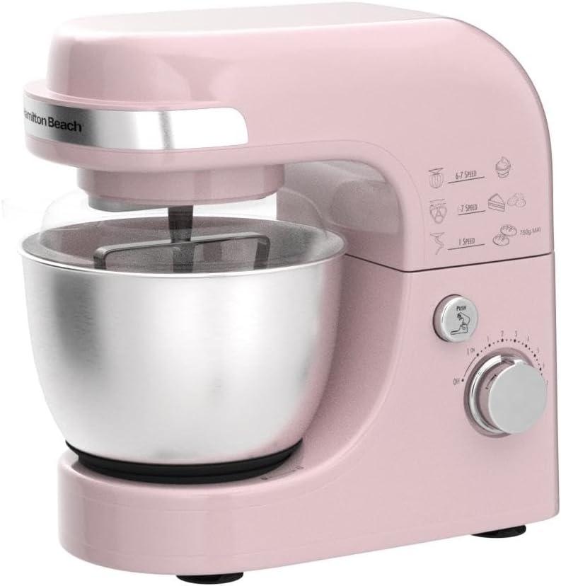 imageHamilton Beach Electric Stand Mixer 4 Quarts Dough Hook Flat Beater Attachments Splash Guard 7 Speeds with Whisk WhiteRose