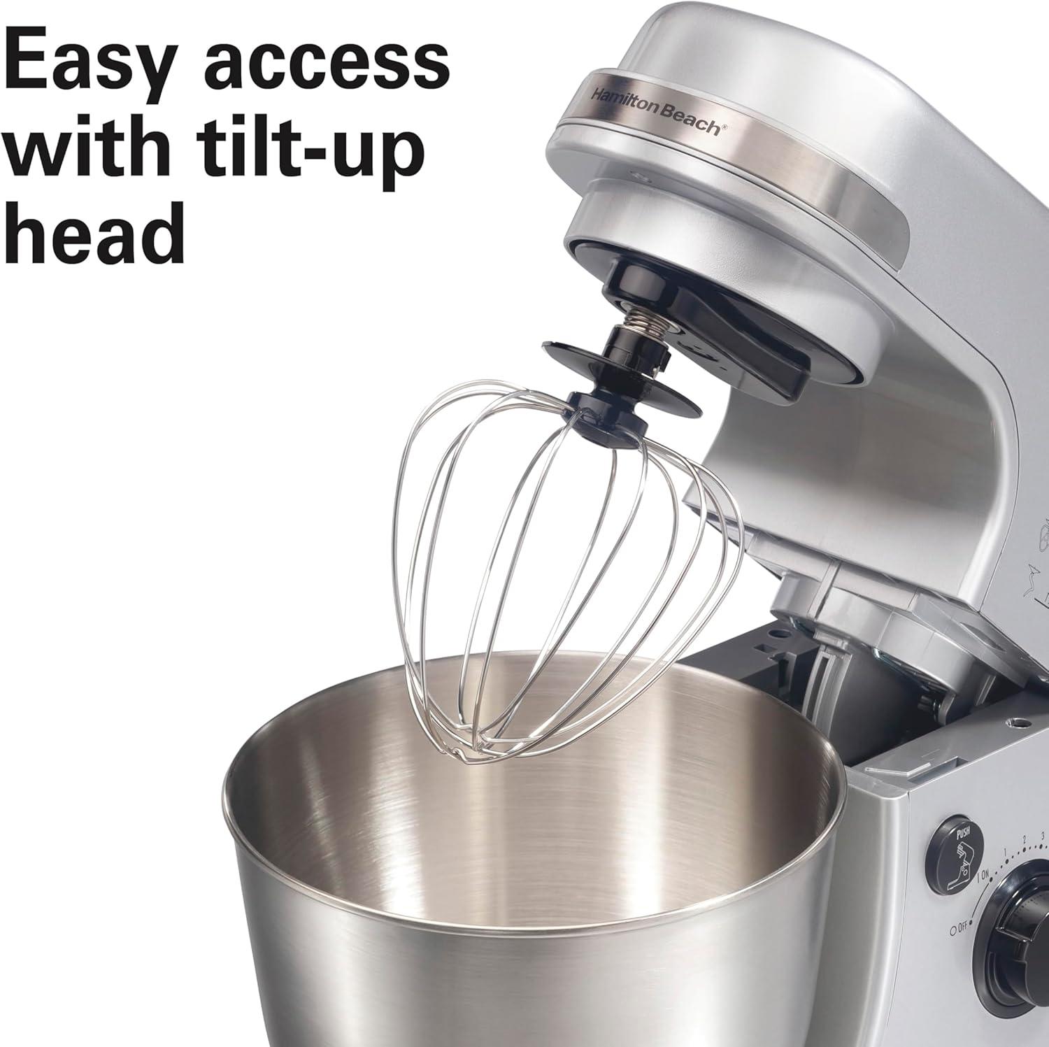 imageHamilton Beach Electric Stand Mixer 4 Quarts Dough Hook Flat Beater Attachments Splash Guard 7 Speeds with Whisk WhiteSilver
