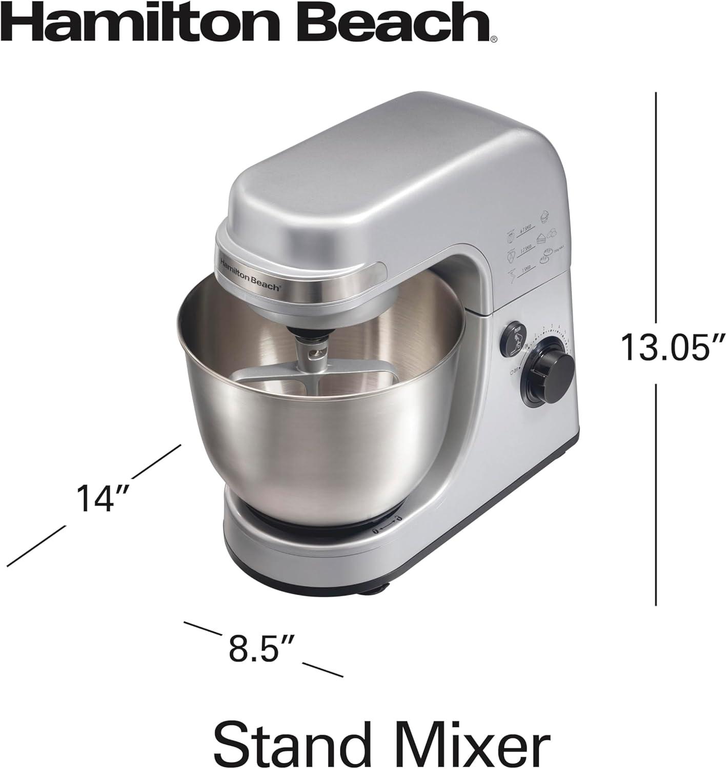 imageHamilton Beach Electric Stand Mixer 4 Quarts Dough Hook Flat Beater Attachments Splash Guard 7 Speeds with Whisk WhiteSilver