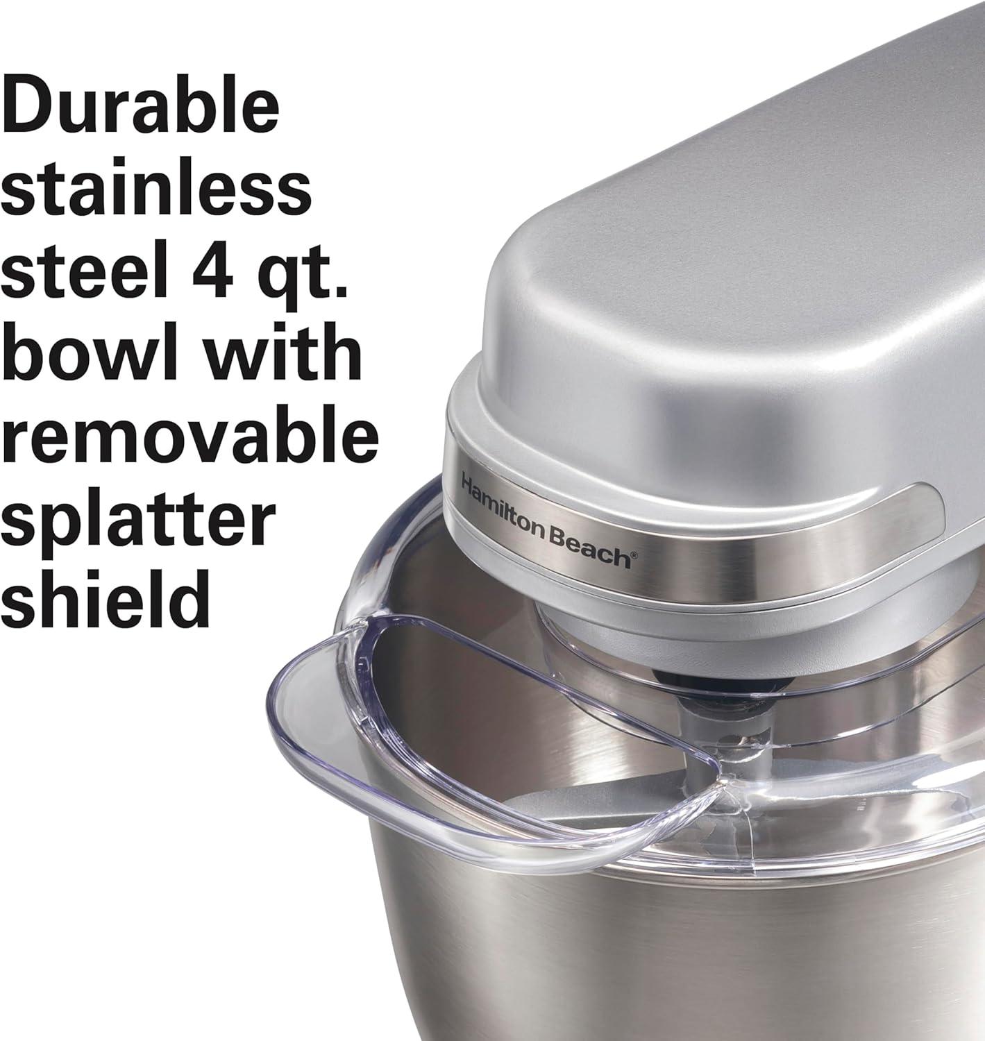 imageHamilton Beach Electric Stand Mixer 4 Quarts Dough Hook Flat Beater Attachments Splash Guard 7 Speeds with Whisk WhiteSilver