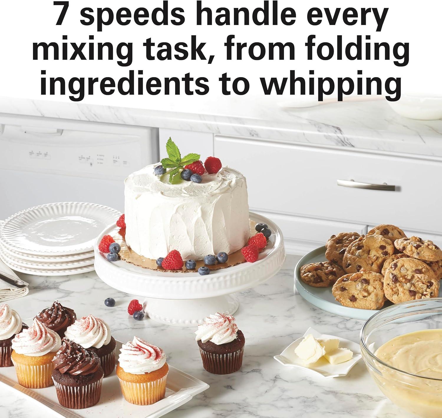 imageHamilton Beach Electric Stand Mixer 4 Quarts Dough Hook Flat Beater Attachments Splash Guard 7 Speeds with Whisk WhiteSilver