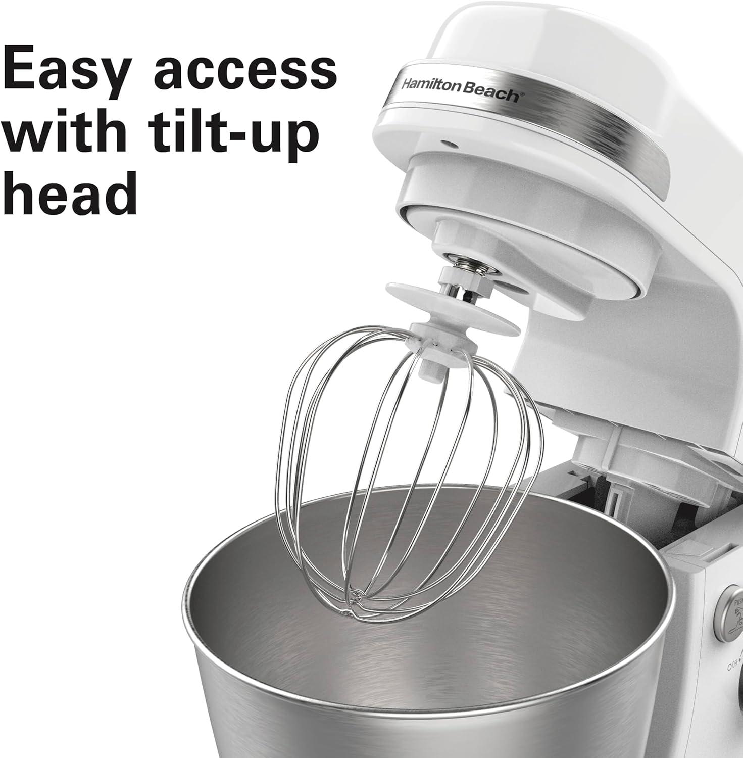 imageHamilton Beach Electric Stand Mixer 4 Quarts Dough Hook Flat Beater Attachments Splash Guard 7 Speeds with Whisk WhiteWhite