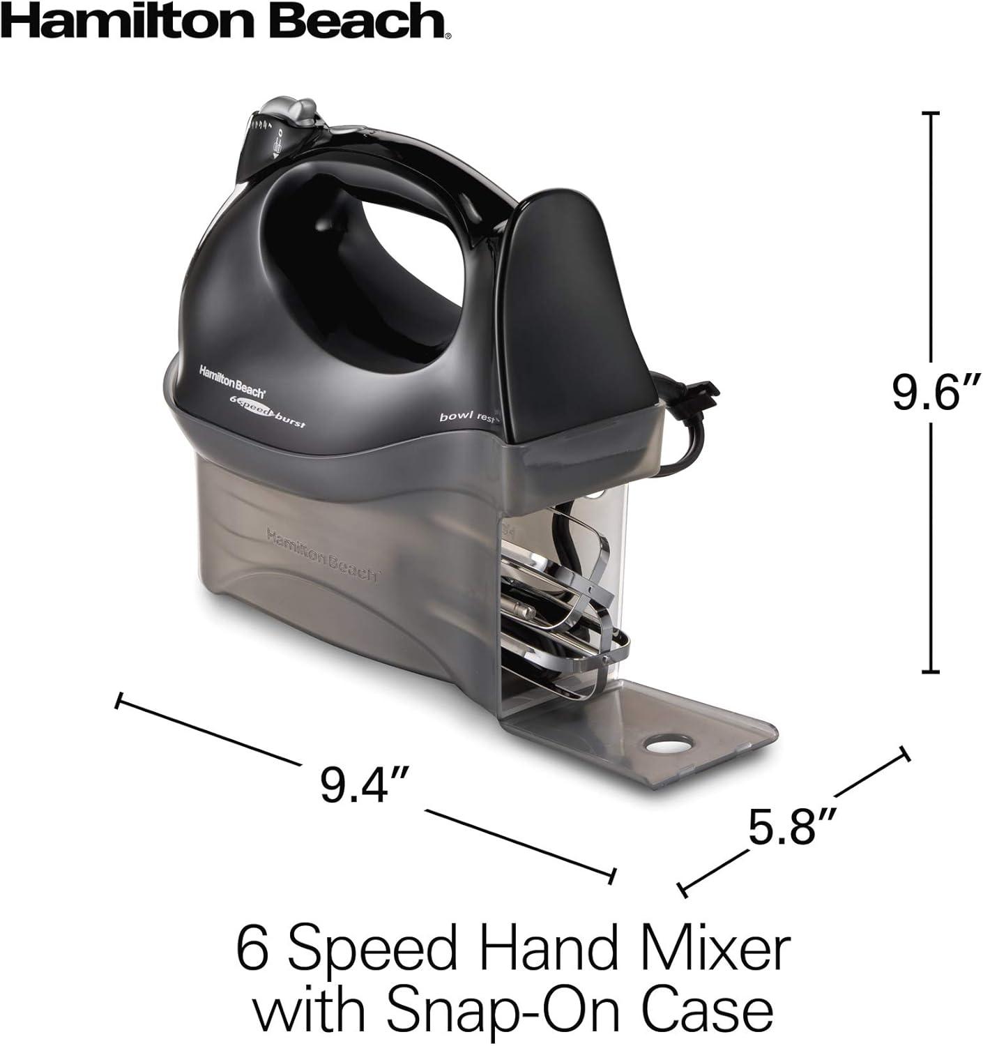 imageHamilton Beach Power Deluxe 6Speed Electric Hand Mixer with SnapOn Storage Case QuickBurst Beaters Whisk Powerful 250 Watt Motor Bowl Rest White 62695VBlack