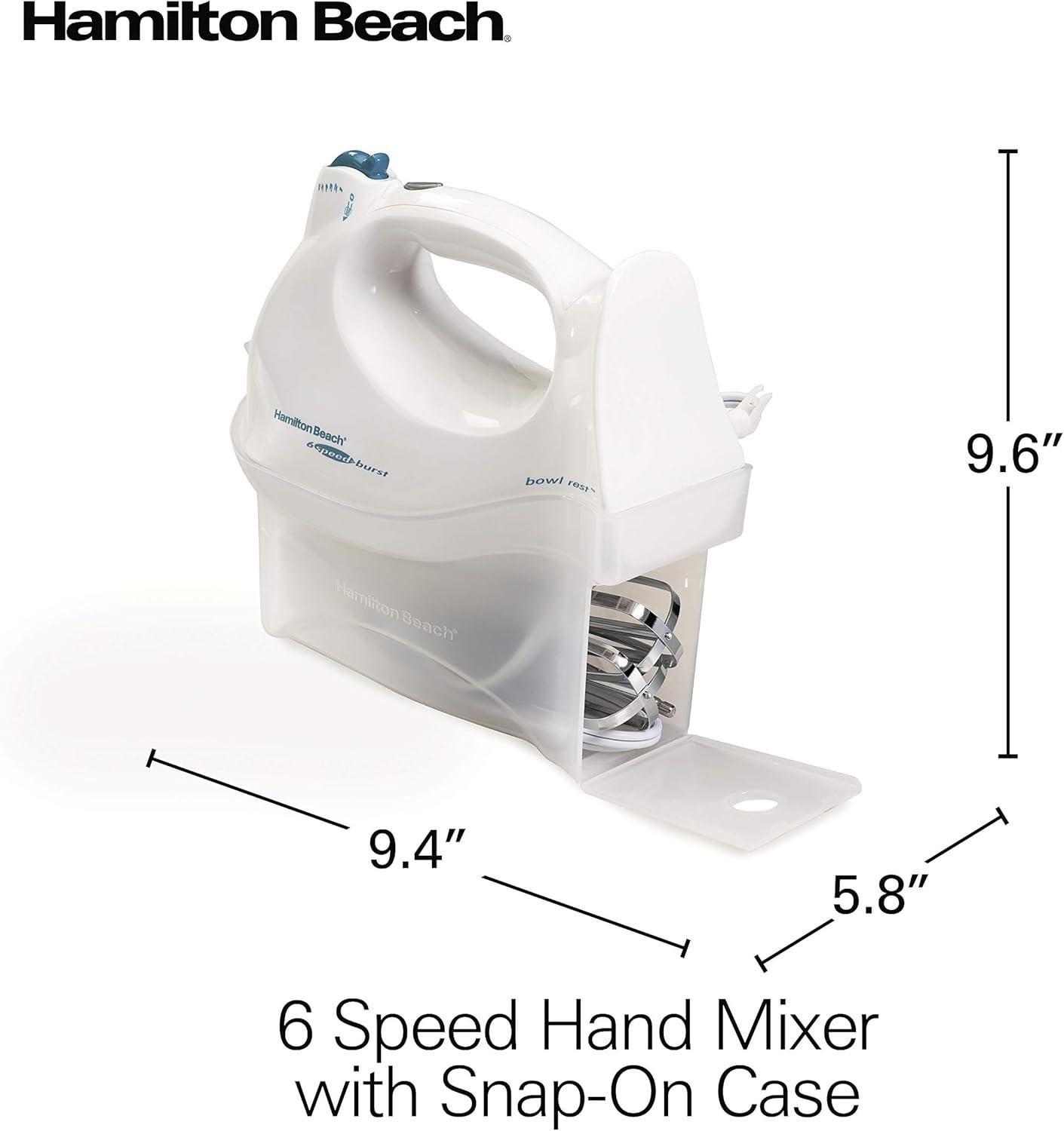 imageHamilton Beach Power Deluxe 6Speed Electric Hand Mixer with SnapOn Storage Case QuickBurst Beaters Whisk Powerful 250 Watt Motor Bowl Rest White 62695VWhite