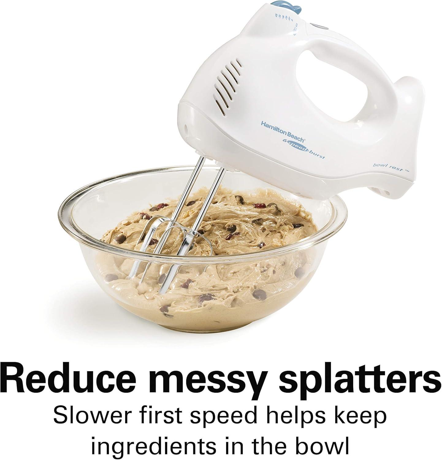 imageHamilton Beach Power Deluxe 6Speed Electric Hand Mixer with SnapOn Storage Case QuickBurst Beaters Whisk Powerful 250 Watt Motor Bowl Rest White 62695VWhite