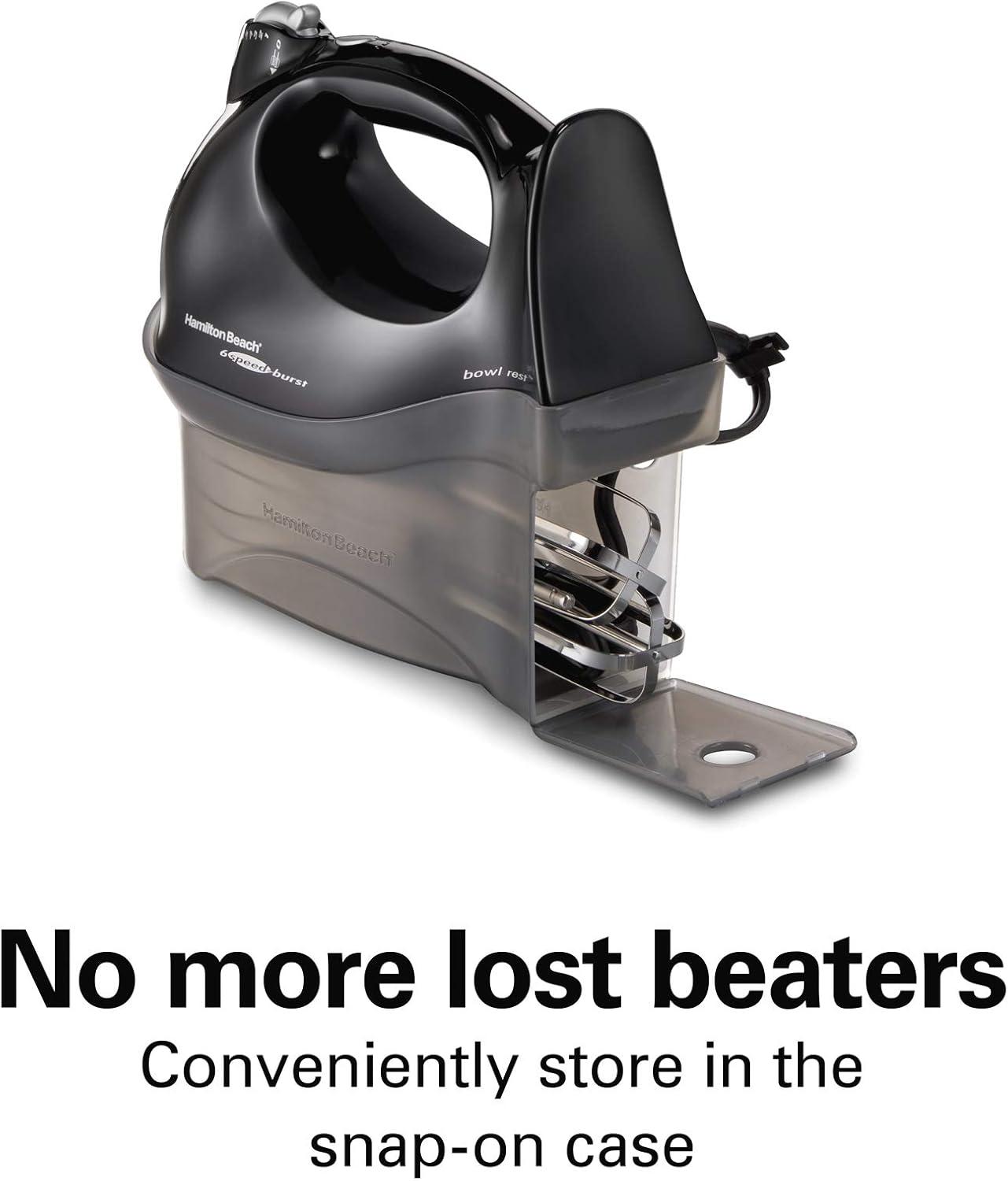 imageHamilton Beach Power Deluxe 6Speed Electric Hand Mixer with SnapOn Storage Case QuickBurst Beaters Whisk Powerful 250 Watt Motor Bowl Rest White 62695VBlack