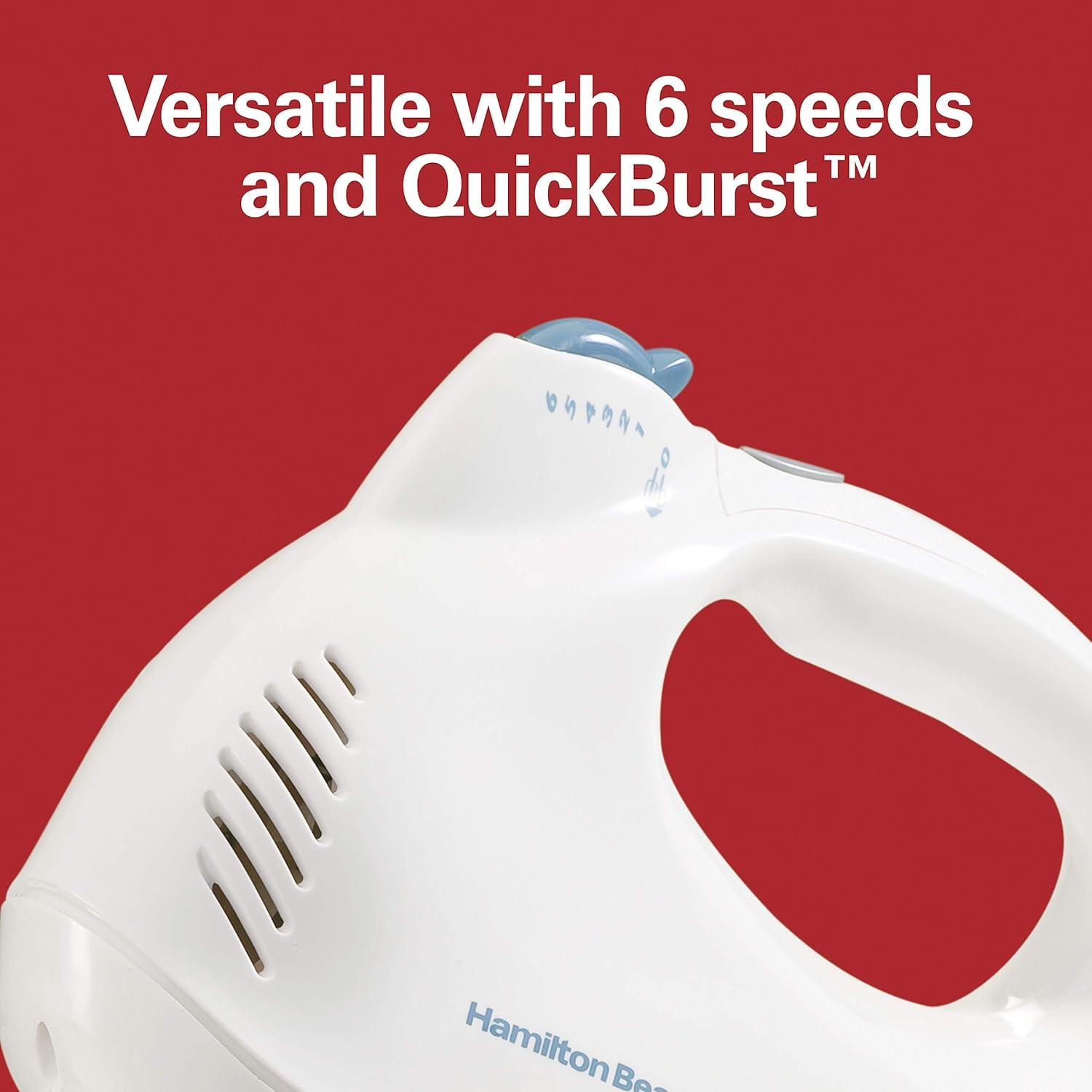 imageHamilton Beach Power Deluxe 6Speed Electric Hand Mixer with SnapOn Storage Case QuickBurst Beaters Whisk Powerful 250 Watt Motor Bowl Rest White 62695VWhite
