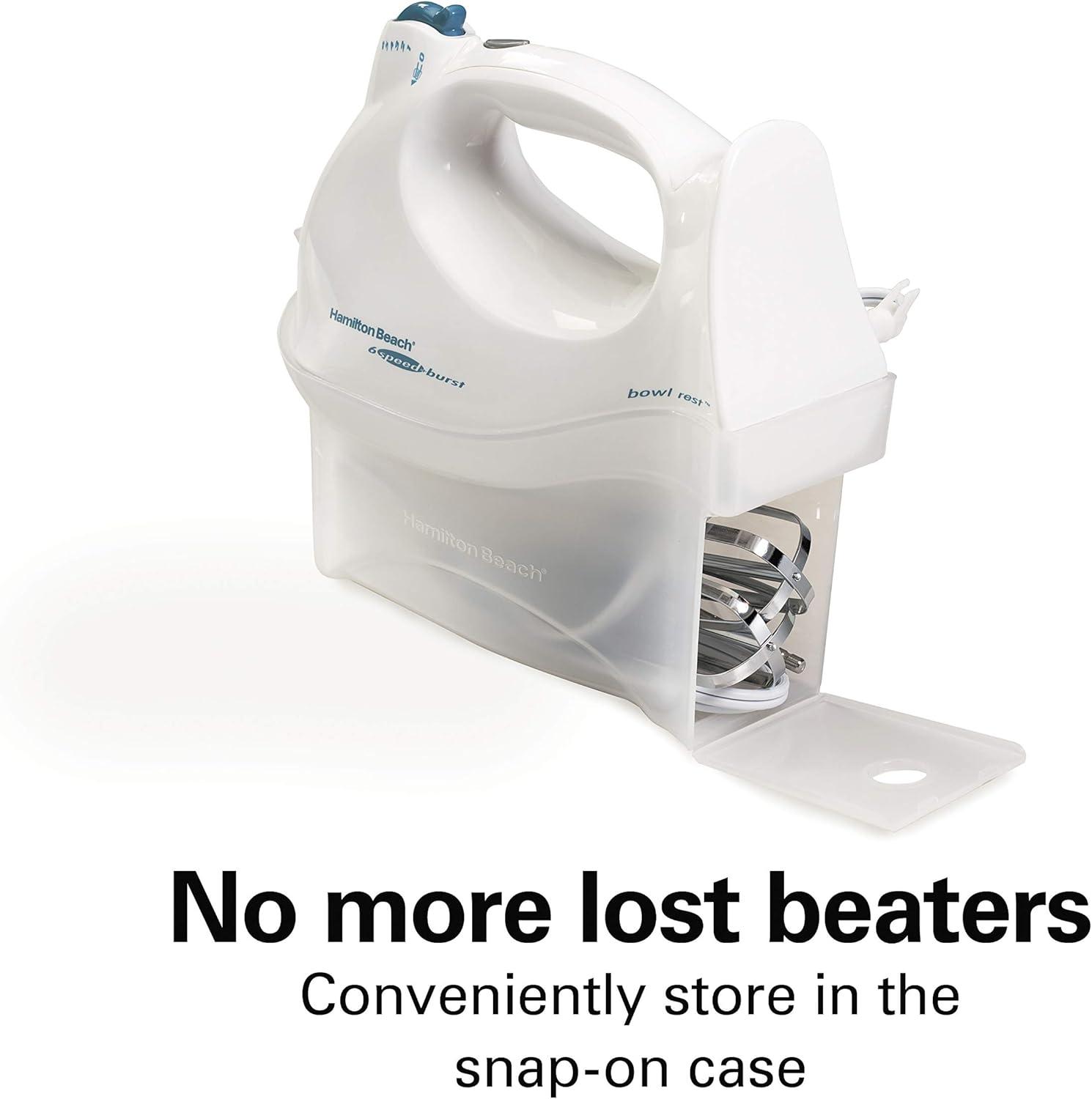 imageHamilton Beach Power Deluxe 6Speed Electric Hand Mixer with SnapOn Storage Case QuickBurst Beaters Whisk Powerful 250 Watt Motor Bowl Rest White 62695VWhite