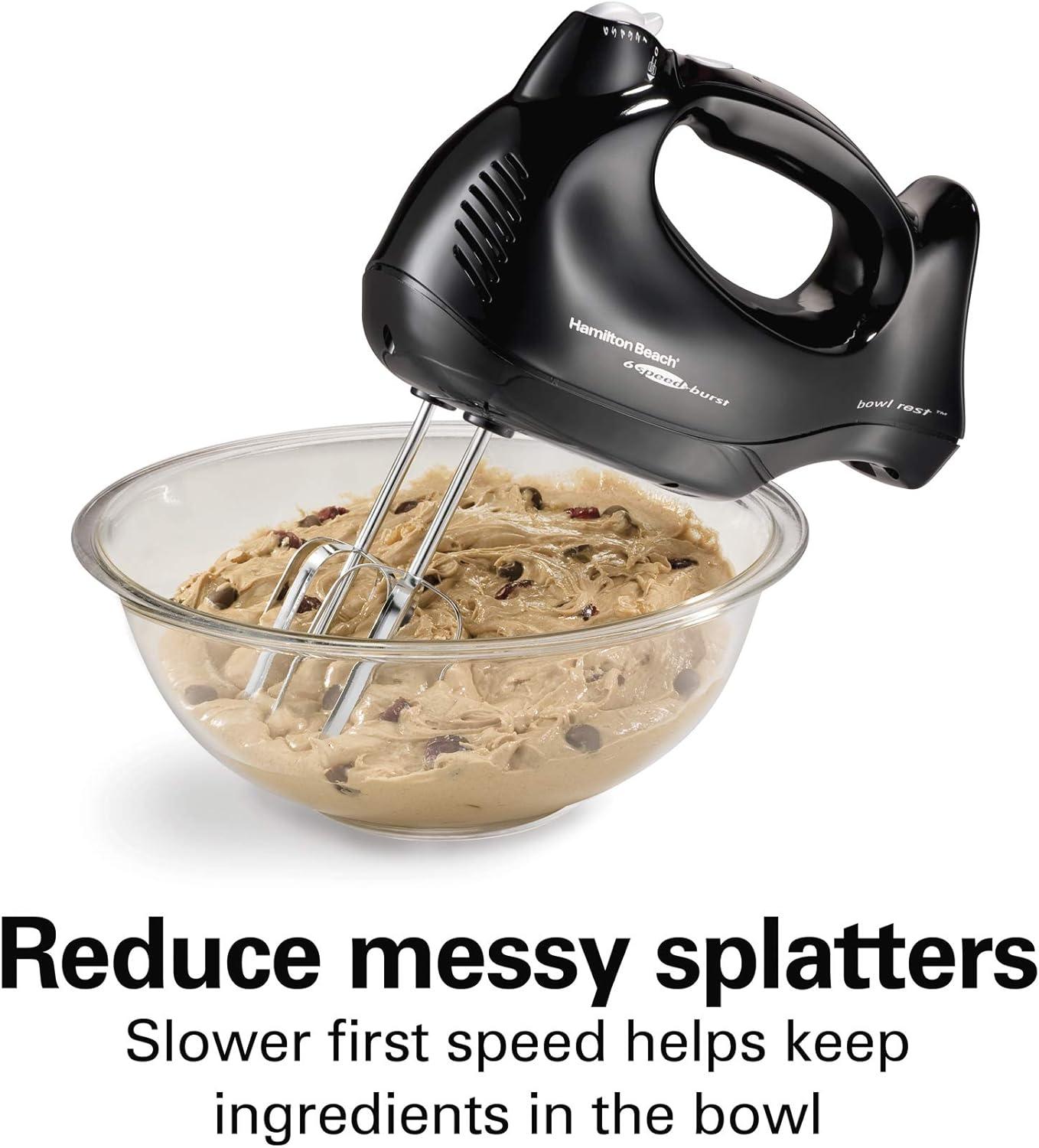 imageHamilton Beach Power Deluxe 6Speed Electric Hand Mixer with SnapOn Storage Case QuickBurst Beaters Whisk Powerful 250 Watt Motor Bowl Rest White 62695VBlack