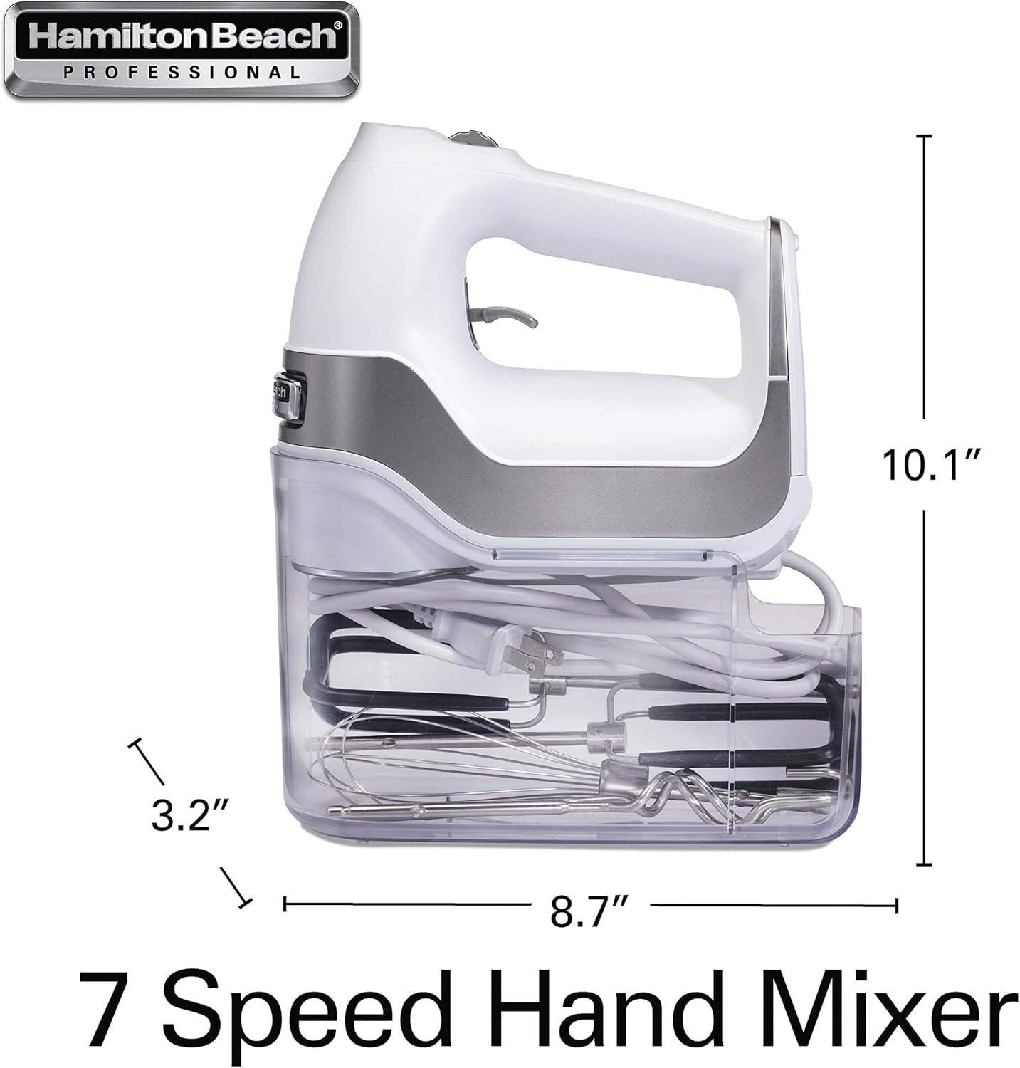 imageHamilton Beach Professional 7Speed Digital Electric Hand Mixer with HighPerformance DC Motor Slow Start SnapOn Storage Case SoftScrape Beaters Whisk Dough Hooks White 62656White