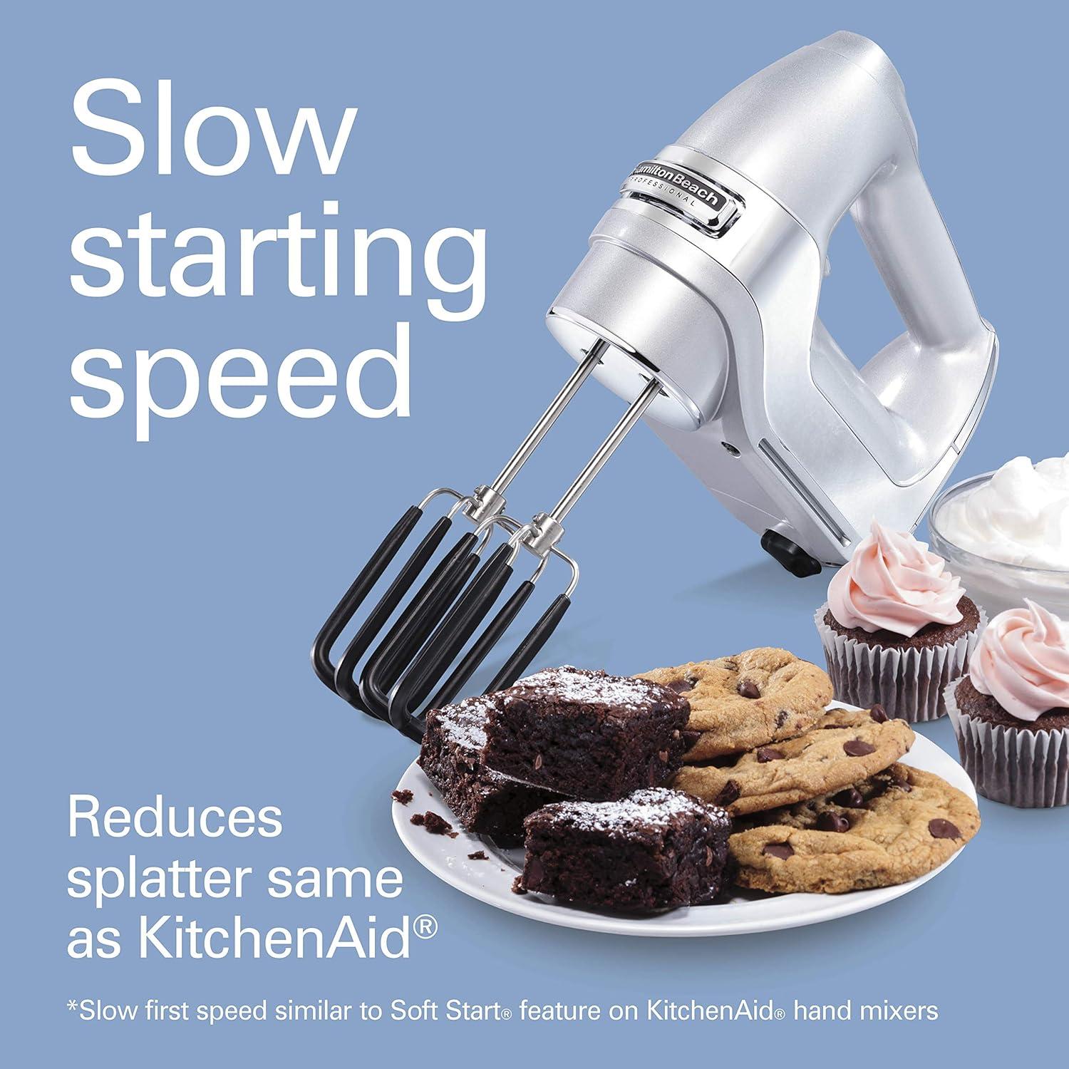 imageHamilton Beach Professional 7Speed Digital Electric Hand Mixer with HighPerformance DC Motor Slow Start SnapOn Storage Case SoftScrape Beaters Whisk Dough Hooks White 62656Silver and Chrome
