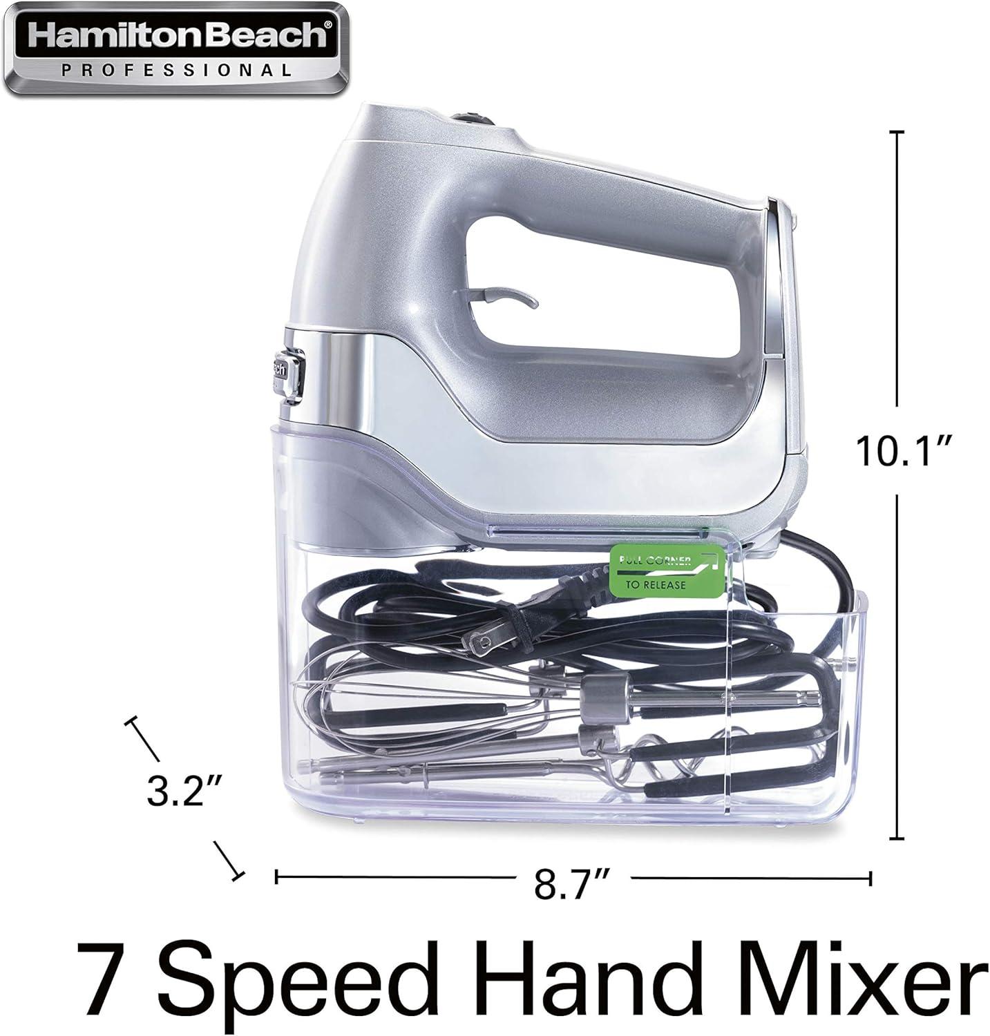 imageHamilton Beach Professional 7Speed Digital Electric Hand Mixer with HighPerformance DC Motor Slow Start SnapOn Storage Case SoftScrape Beaters Whisk Dough Hooks White 62656Silver and Chrome