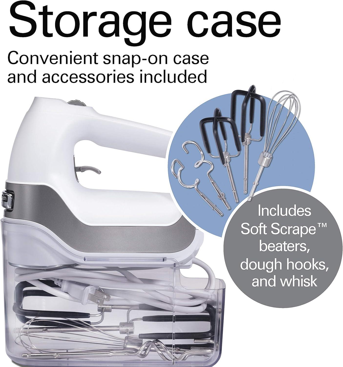 imageHamilton Beach Professional 7Speed Digital Electric Hand Mixer with HighPerformance DC Motor Slow Start SnapOn Storage Case SoftScrape Beaters Whisk Dough Hooks White 62656White