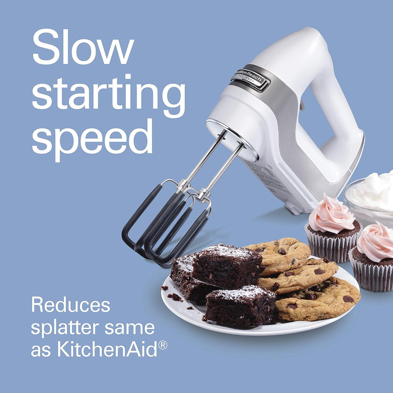 imageHamilton Beach Professional 7Speed Digital Electric Hand Mixer with HighPerformance DC Motor Slow Start SnapOn Storage Case SoftScrape Beaters Whisk Dough Hooks White 62656White