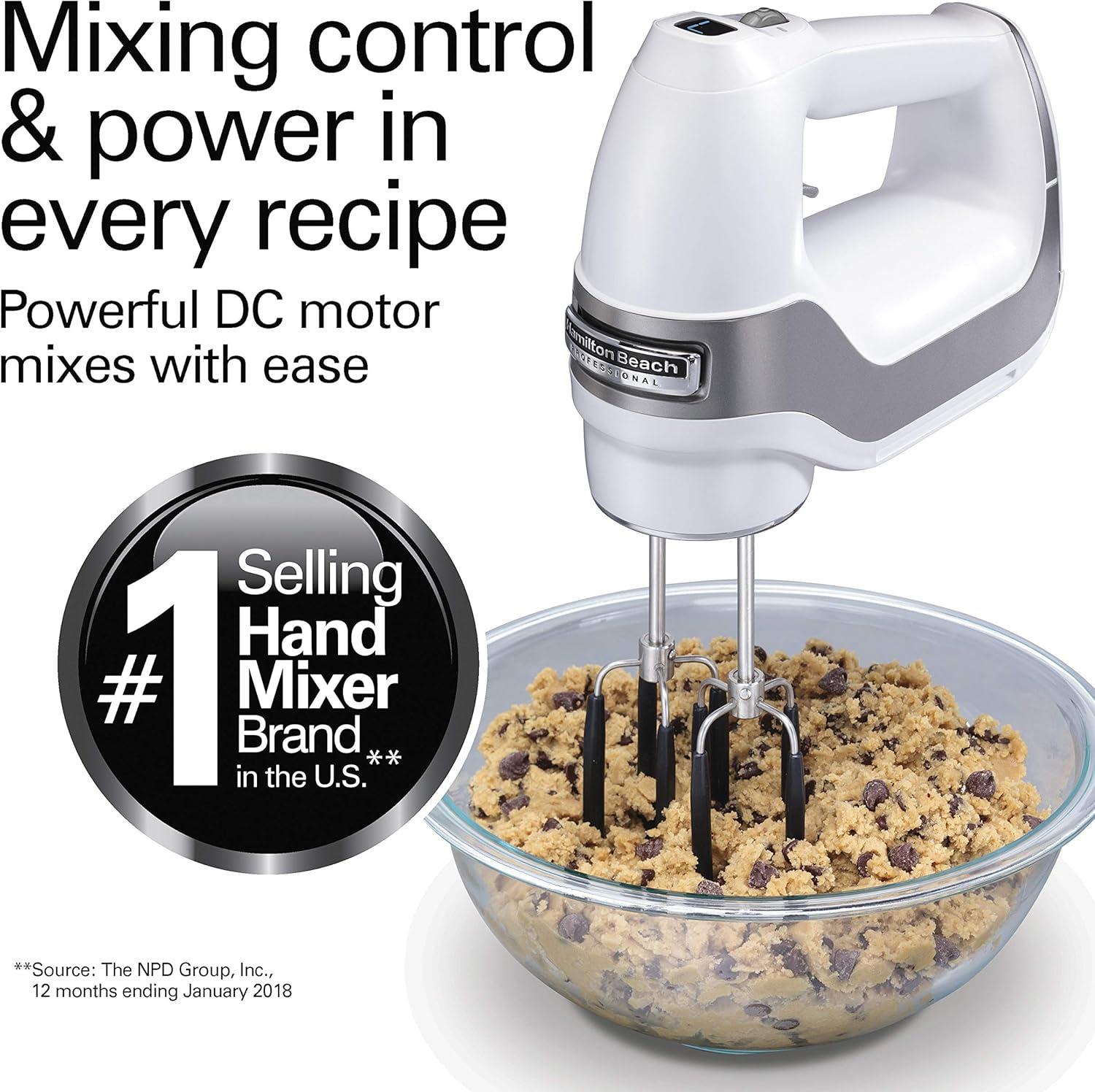 imageHamilton Beach Professional 7Speed Digital Electric Hand Mixer with HighPerformance DC Motor Slow Start SnapOn Storage Case SoftScrape Beaters Whisk Dough Hooks White 62656White