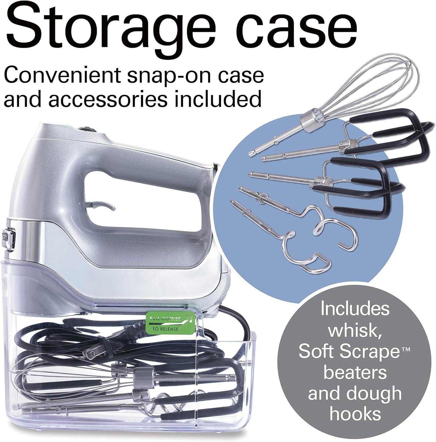 imageHamilton Beach Professional 7Speed Digital Electric Hand Mixer with HighPerformance DC Motor Slow Start SnapOn Storage Case SoftScrape Beaters Whisk Dough Hooks White 62656Silver and Chrome