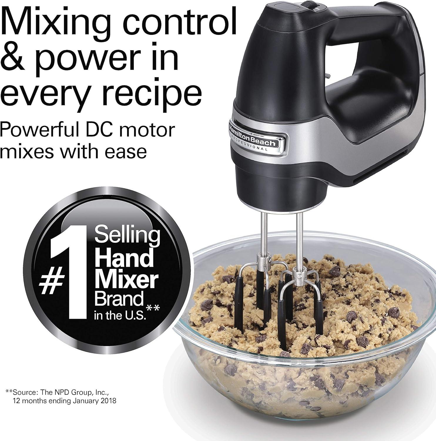 imageHamilton Beach Professional 7Speed Digital Electric Hand Mixer with HighPerformance DC Motor Slow Start SnapOn Storage Case SoftScrape Beaters Whisk Dough Hooks White 62656Matte Black
