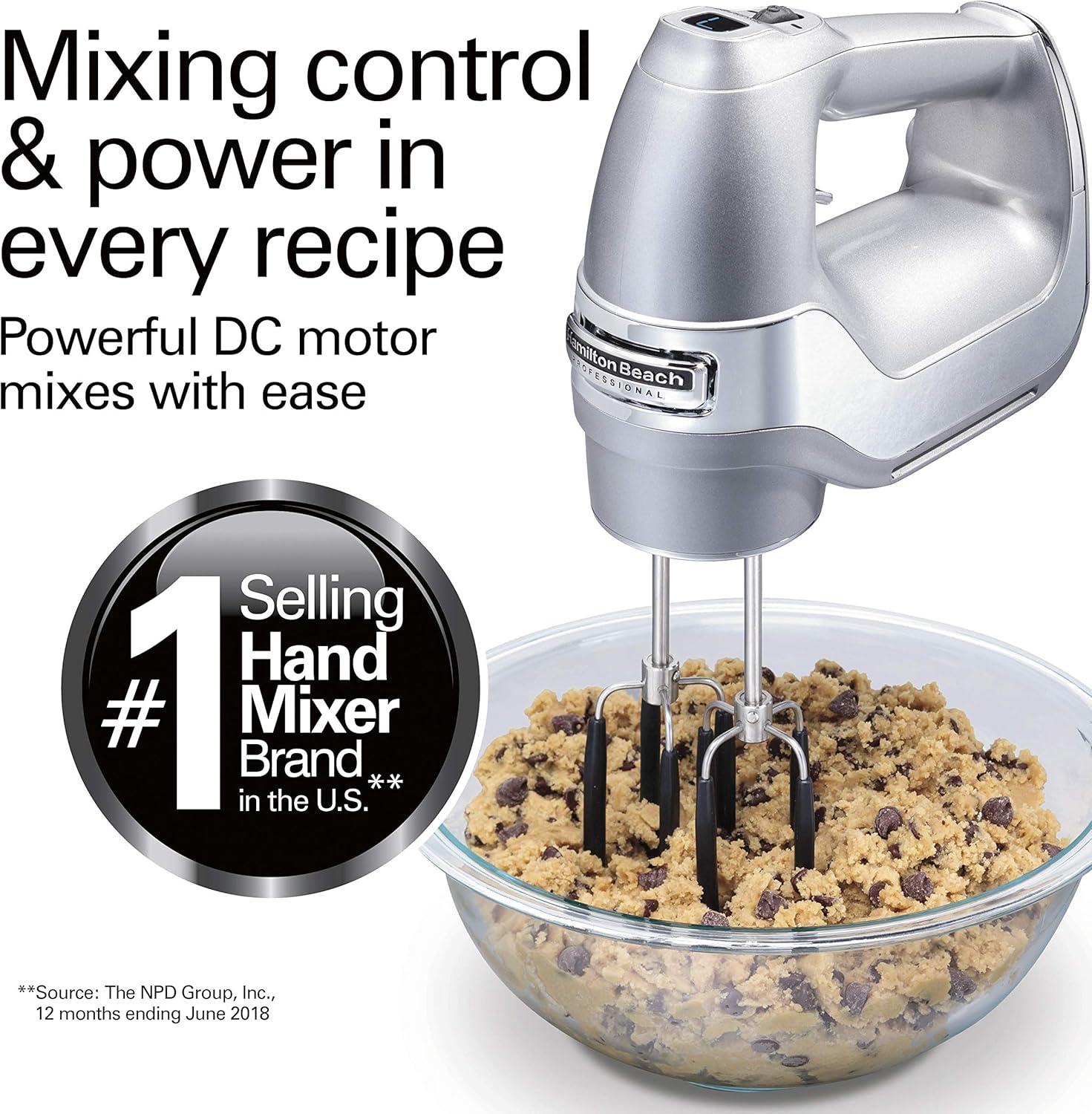 imageHamilton Beach Professional 7Speed Digital Electric Hand Mixer with HighPerformance DC Motor Slow Start SnapOn Storage Case SoftScrape Beaters Whisk Dough Hooks White 62656Silver and Chrome