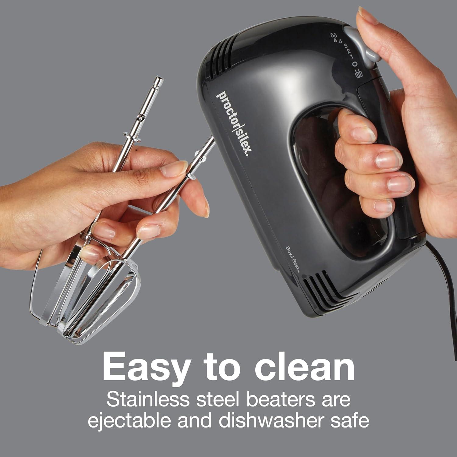 imageProctor Silex Easy Mix 5Speed Electric Hand Mixer with Bowl Rest Compact and Lightweight 100 Watts of Peak Power Black 62507PSBlack