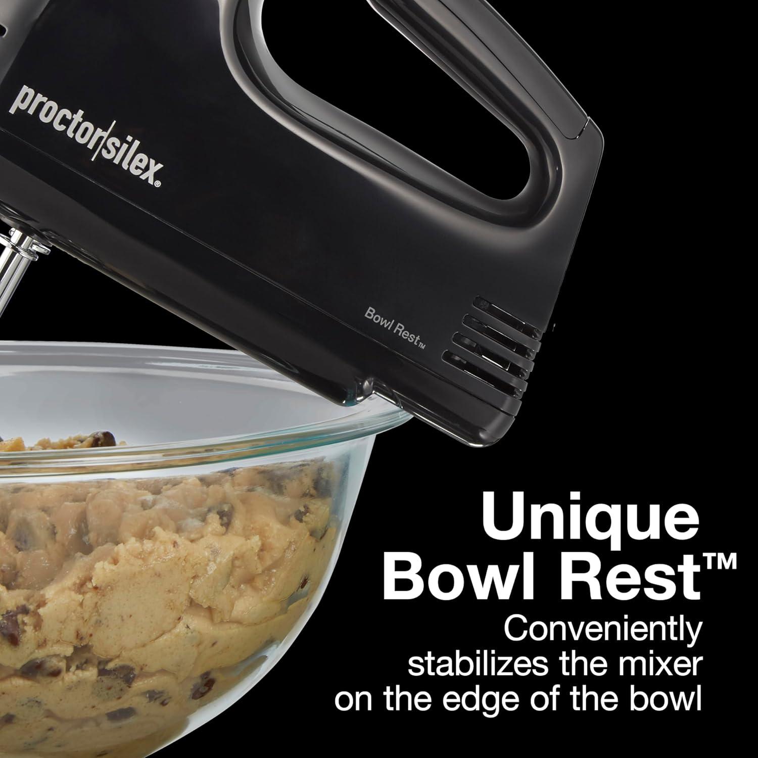 imageProctor Silex Easy Mix 5Speed Electric Hand Mixer with Bowl Rest Compact and Lightweight 100 Watts of Peak Power Black 62507PSBlack
