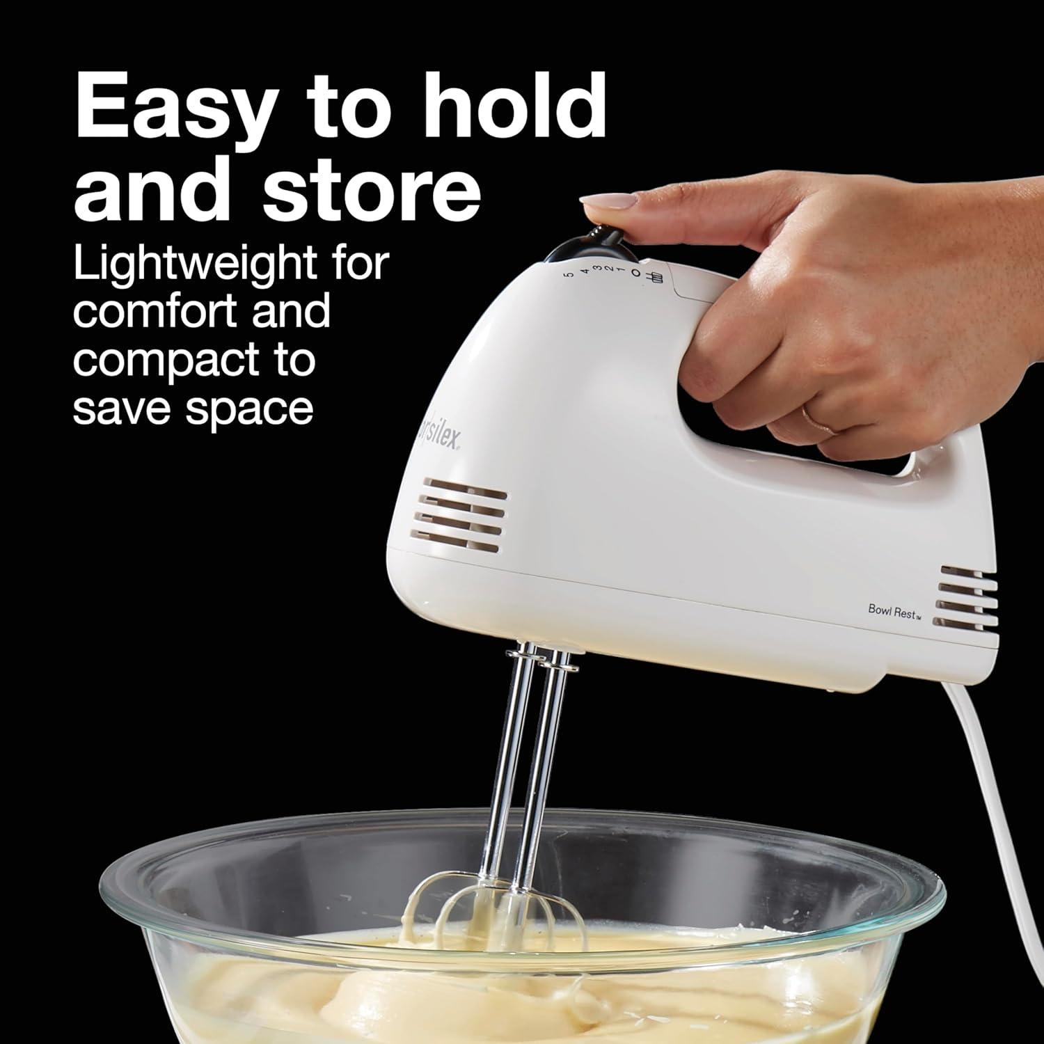 imageProctor Silex Easy Mix 5Speed Electric Hand Mixer with Bowl Rest Compact and Lightweight 100 Watts of Peak Power Black 62507PSWhite