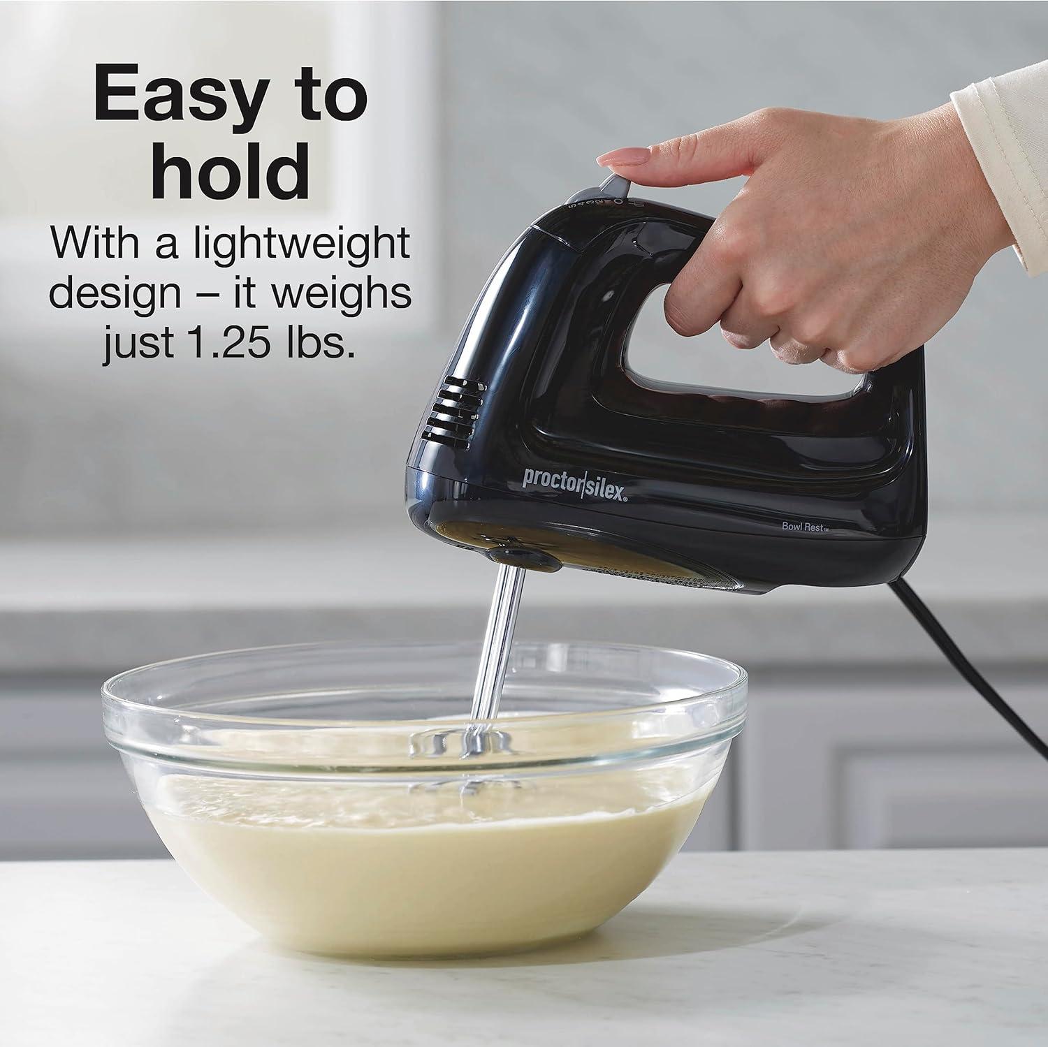 imageProctor Silex Easy Mix 5Speed Electric Hand Mixer with Bowl Rest Compact and Lightweight 215 Watts of Peak Power Storage Case Black 62512Black