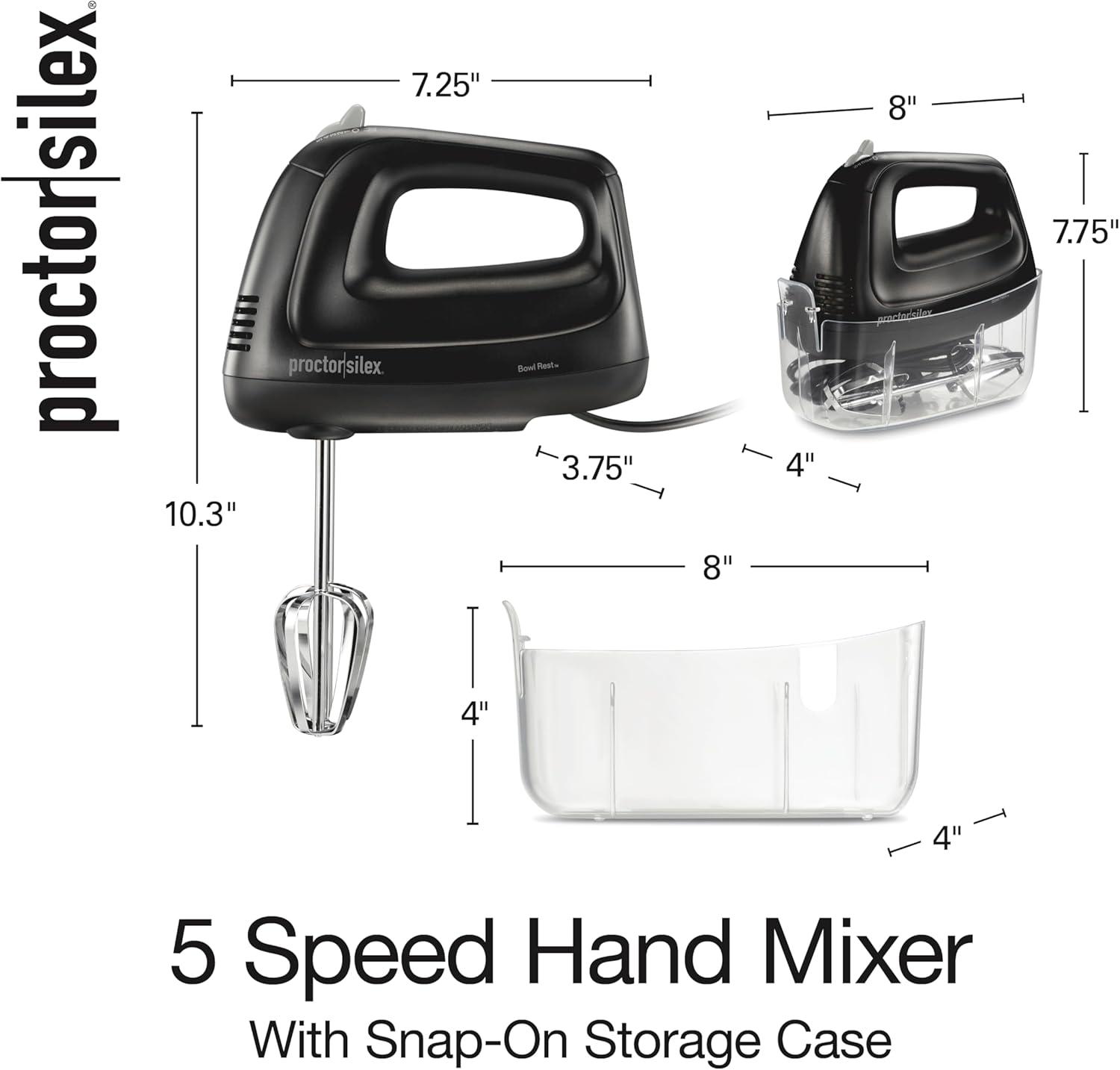 imageProctor Silex Easy Mix 5Speed Electric Hand Mixer with Bowl Rest Compact and Lightweight 215 Watts of Peak Power Storage Case Black 62512Black