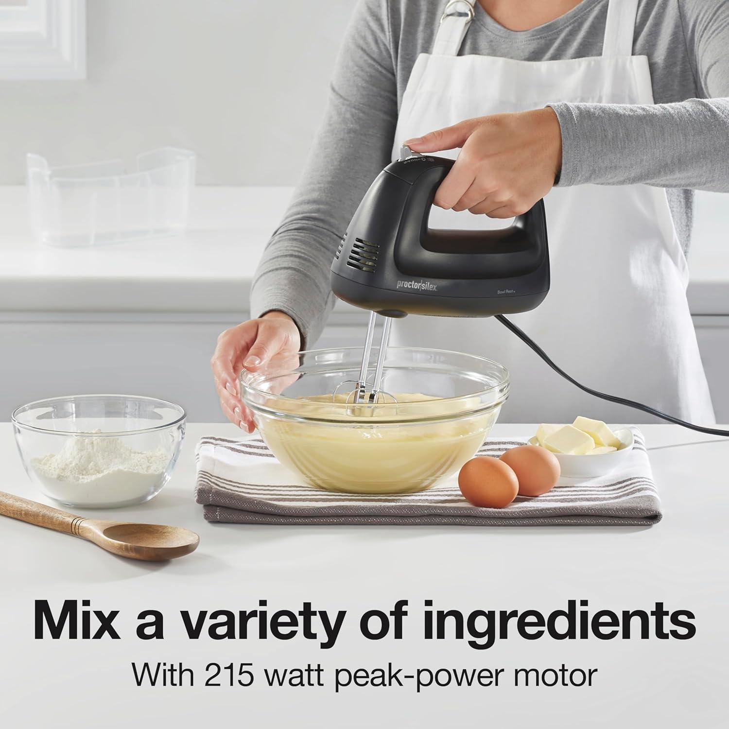 imageProctor Silex Easy Mix 5Speed Electric Hand Mixer with Bowl Rest Compact and Lightweight 215 Watts of Peak Power Storage Case Black 62512Black