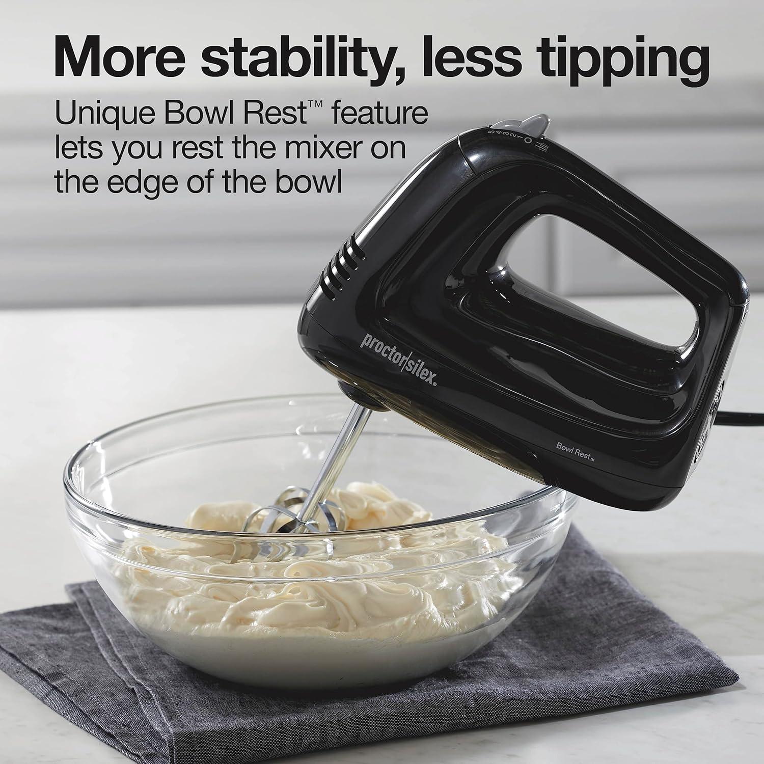 imageProctor Silex Easy Mix 5Speed Electric Hand Mixer with Bowl Rest Compact and Lightweight 215 Watts of Peak Power Storage Case Black 62512Black