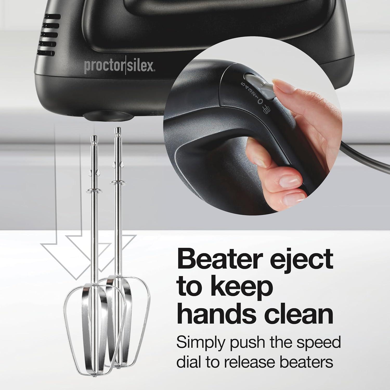 imageProctor Silex Easy Mix 5Speed Electric Hand Mixer with Bowl Rest Compact and Lightweight 215 Watts of Peak Power Storage Case Black 62512Black