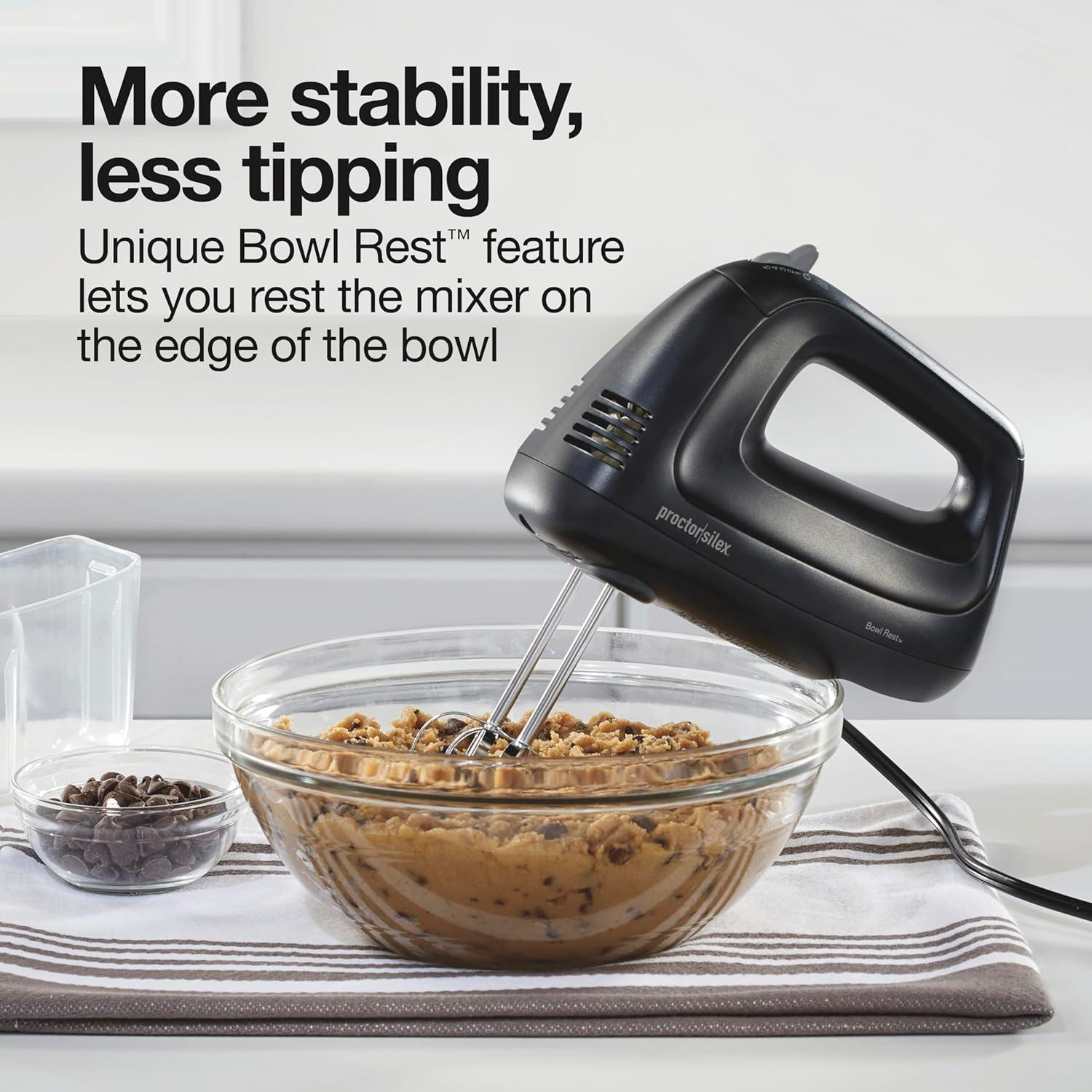 imageProctor Silex Easy Mix 5Speed Electric Hand Mixer with Bowl Rest Compact and Lightweight 215 Watts of Peak Power Storage Case Black 62512Black