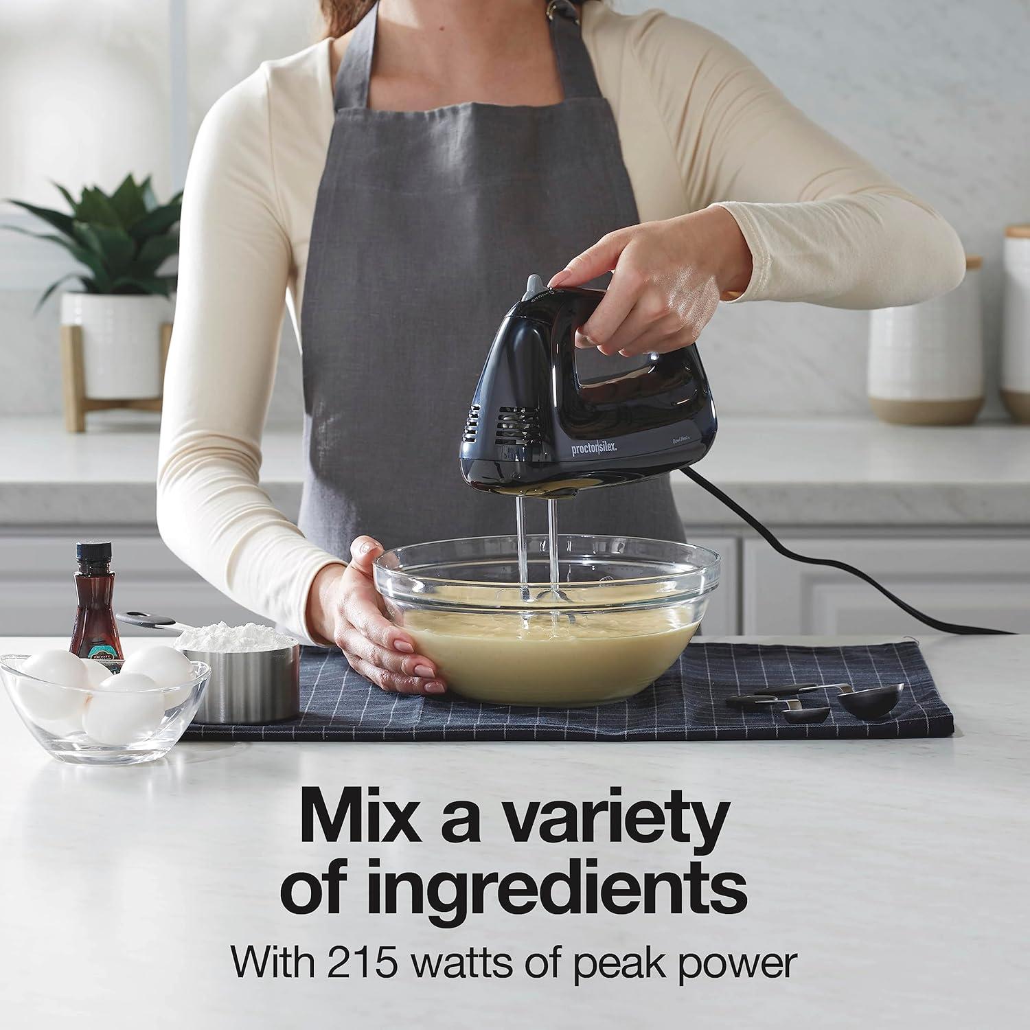 imageProctor Silex Easy Mix 5Speed Electric Hand Mixer with Bowl Rest Compact and Lightweight 215 Watts of Peak Power Storage Case Black 62512Black