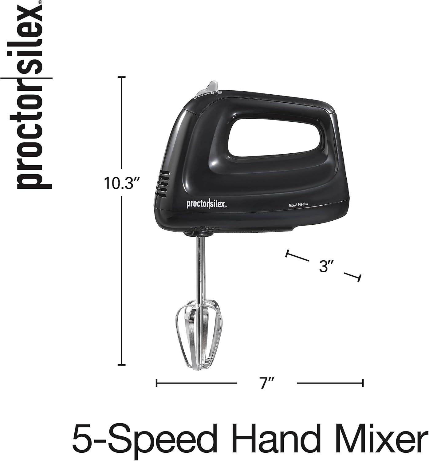 imageProctor Silex Easy Mix 5Speed Electric Hand Mixer with Bowl Rest Compact and Lightweight 215 Watts of Peak Power Storage Case Black 62512Black