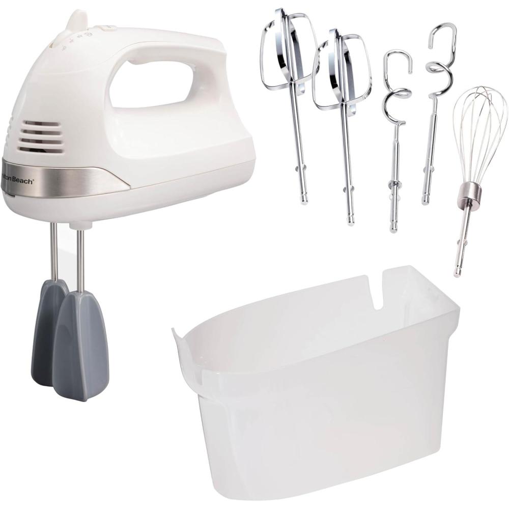 imageHamilton Beach 6Speed Electric Hand Mixer with Whisk Dough Hooks and Easy Clean Beaters Powerful 275 Watt Motor SnapOn Storage Case BlackWhite