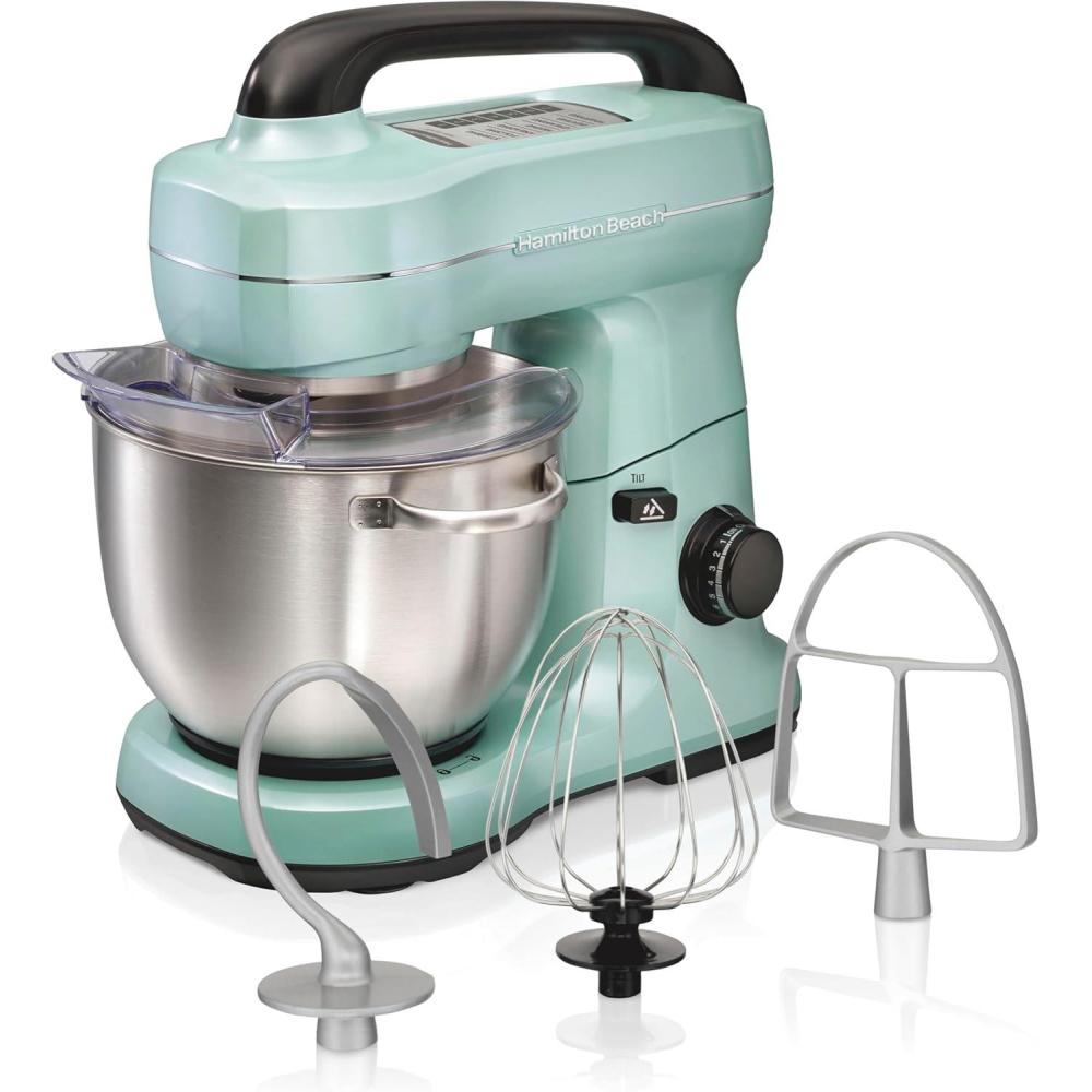 imageHamilton Beach Electric Stand Mixer 4 Quarts Dough Hook Flat Beater Attachments Splash Guard 7 Speeds with Whisk EasyCarry Top Handle BlueAqua