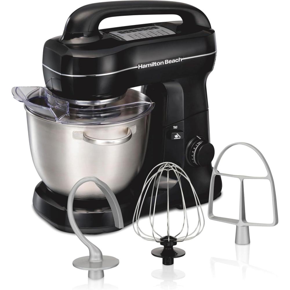 imageHamilton Beach Electric Stand Mixer 4 Quarts Dough Hook Flat Beater Attachments Splash Guard 7 Speeds with Whisk EasyCarry Top Handle BlueBlack