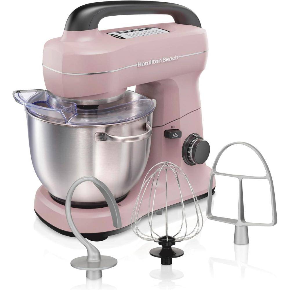 imageHamilton Beach Electric Stand Mixer 4 Quarts Dough Hook Flat Beater Attachments Splash Guard 7 Speeds with Whisk EasyCarry Top Handle BluePink