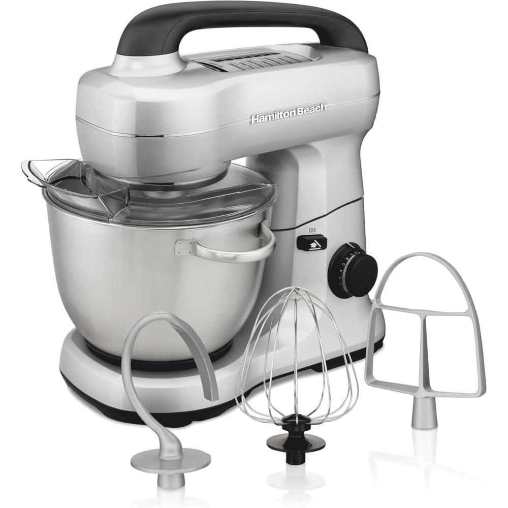 imageHamilton Beach Electric Stand Mixer 4 Quarts Dough Hook Flat Beater Attachments Splash Guard 7 Speeds with Whisk EasyCarry Top Handle BlueSilver