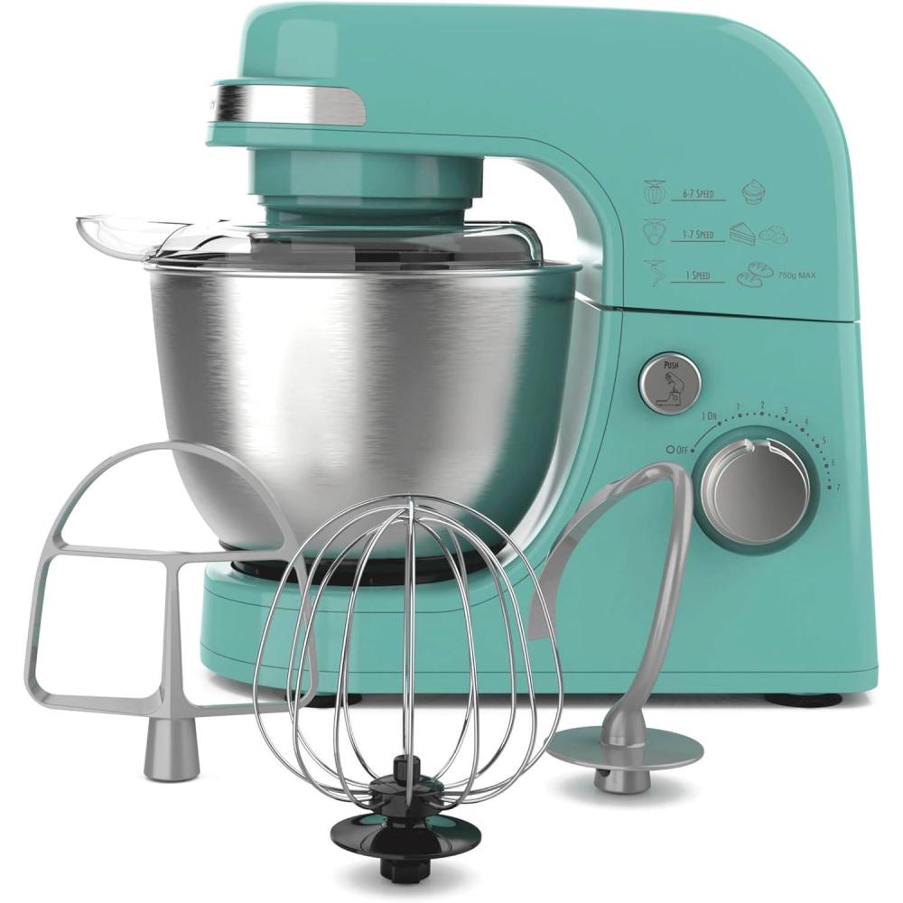 imageHamilton Beach Electric Stand Mixer 4 Quarts Dough Hook Flat Beater Attachments Splash Guard 7 Speeds with Whisk WhiteAqua Blue