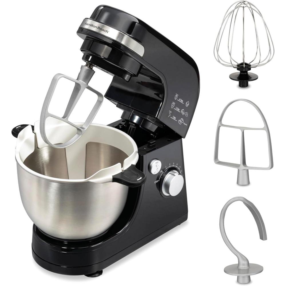 imageHamilton Beach Electric Stand Mixer 4 Quarts Dough Hook Flat Beater Attachments Splash Guard 7 Speeds with Whisk WhiteBlack